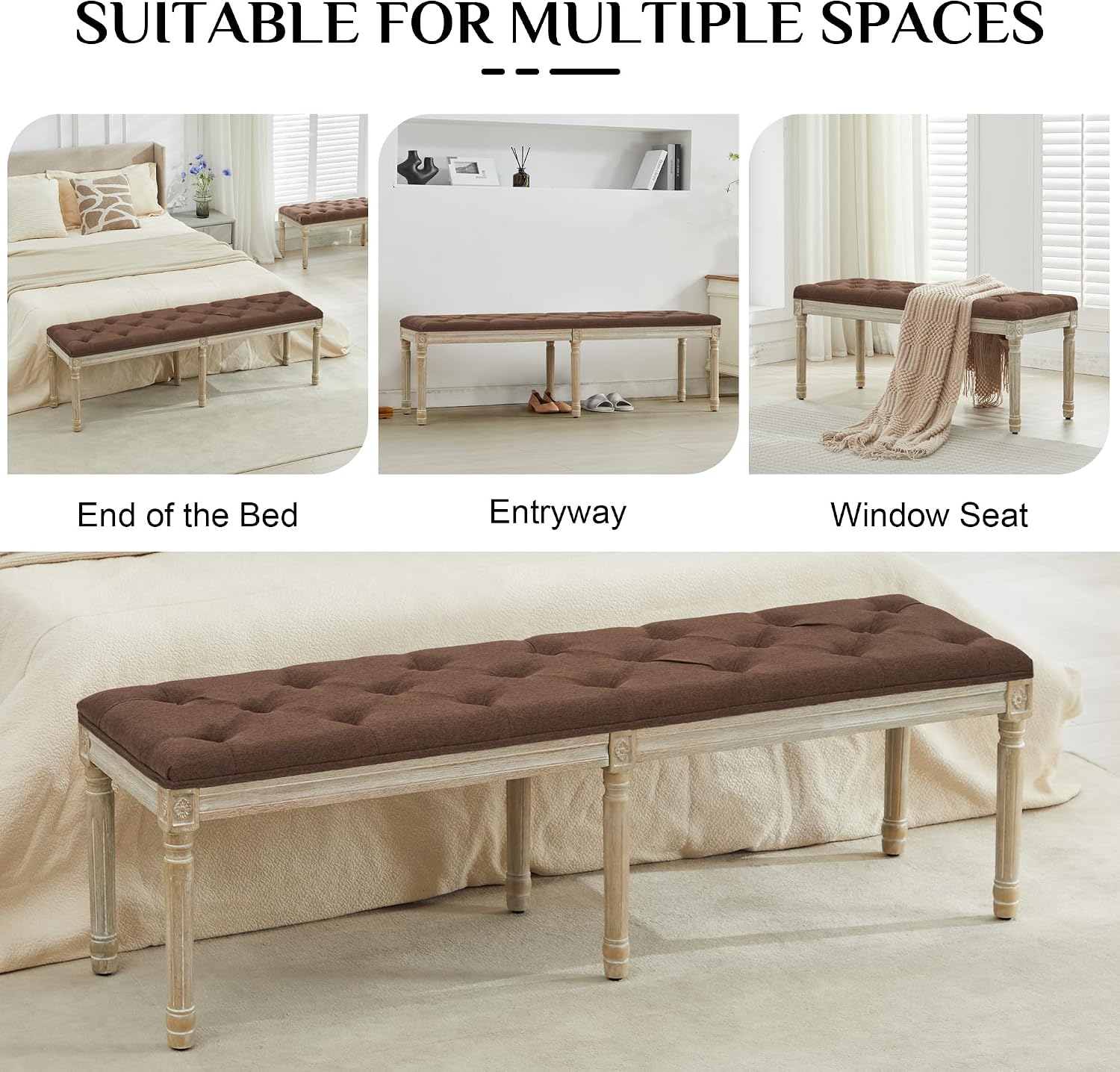 LOULENS 57.7' Linen Fabric End of Bed Bench, French Upholstered Button Tufted Bench for Bedroom End of Bed King Size, Window Seat with Carved Wood Legs for Bedroom, Living Room, Entryway, Brown