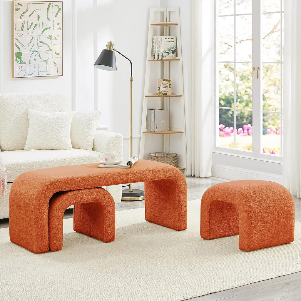 3-Piece Modern Ottoman Bench Set, 44' Wide Teddy Upholstered End of Bed Bench with 2 Foot Stools, Padded U-Shaped Entry Bench Vanity Stool for Living Room Bedroom (Orange)