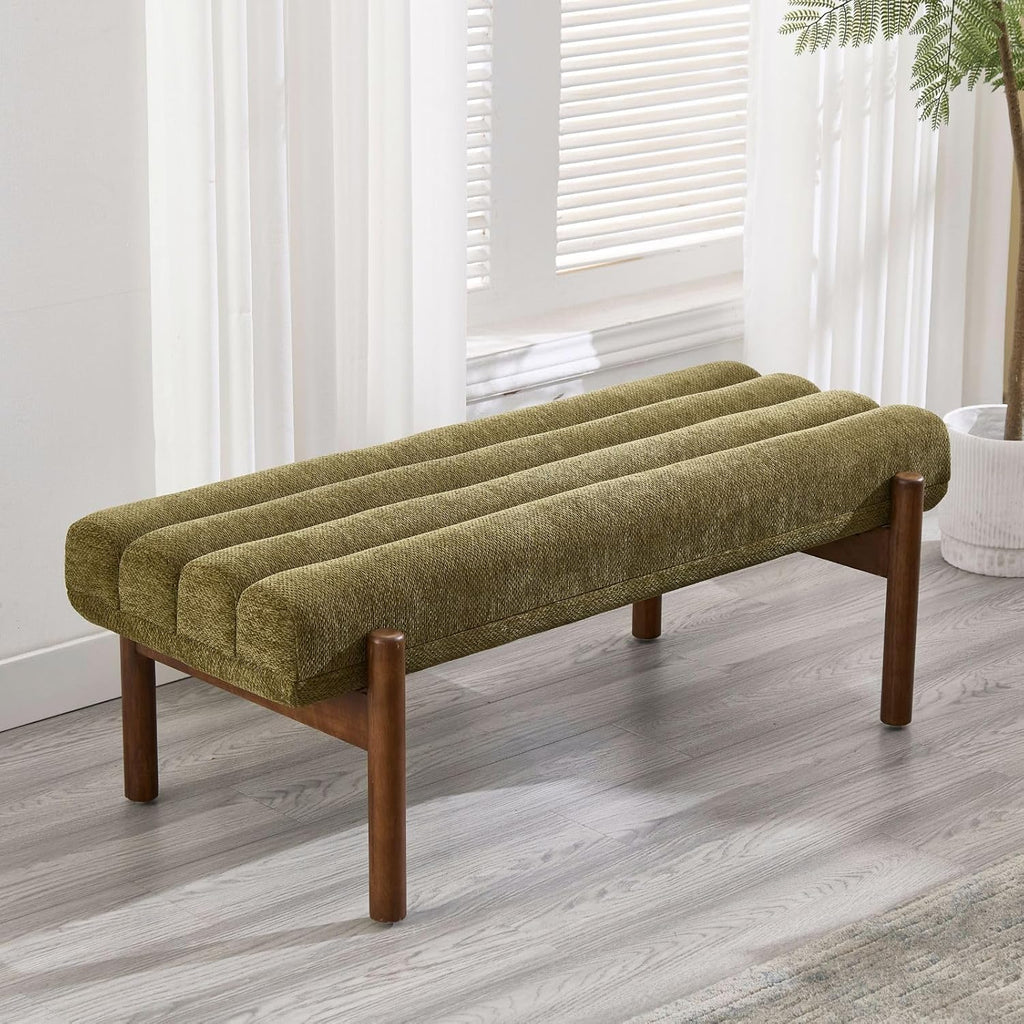 ROCITY Green Upholstered Bench Modern End of Bed Bench Chenille Fabric Bedroom Bench for Entryway Living Room Vanity Makeup Room, 47' Long, Wooden Legs