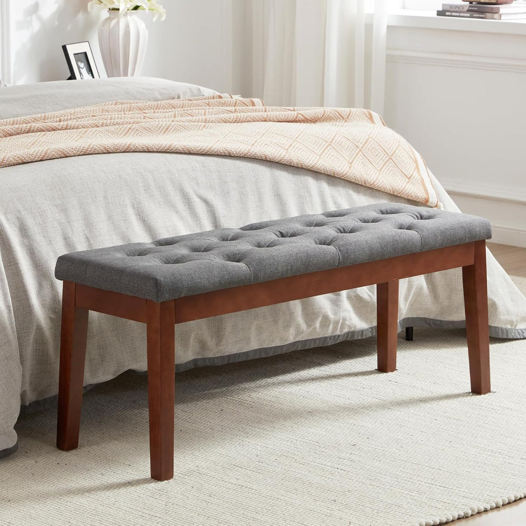 Ottoman Bench Upholstered Padded Seat with Solid Wood Legs and Button-Tufted, Linen Dark Gray