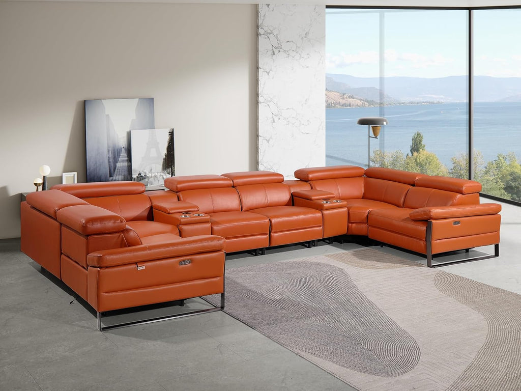 BlackJack Furniture Antonio 8 Piece U Shaped Power Reclining Sectional Sofa, Modular Couch with Top Grain Italian Leather, 4 Electric Recliners, USB & Wireless Chargers, Storage Console, Camel