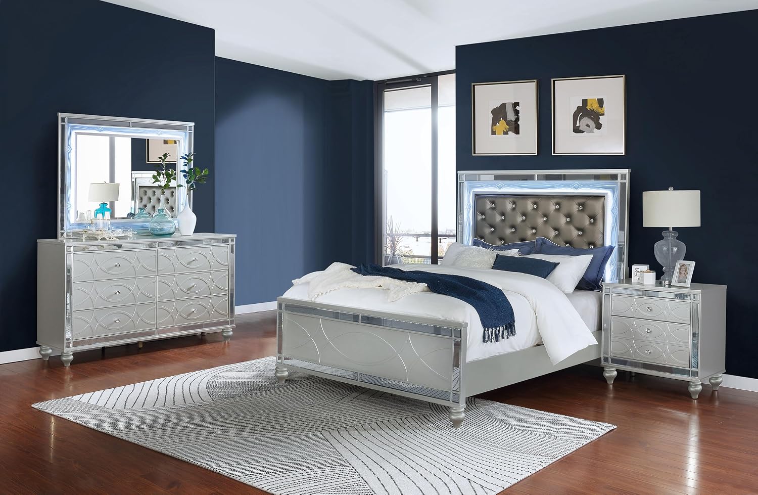 Coaster Home Furnishings Gunnison Modern Classic 4-Piece Bedroom Set Leatherette Upholstered Queen Size LED Panel Bed Frame 63-inch Headboard Silver Metallic 223211Q-S4