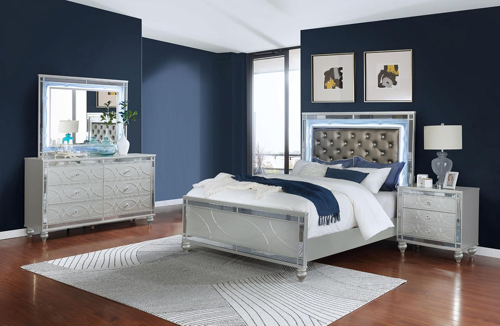 Coaster Home Furnishings Gunnison Modern Classic 4-Piece Bedroom Set Leatherette Upholstered California King Size LED Panel Bed Frame 63-inch Headboard Silver Metallic 223211KW-S4
