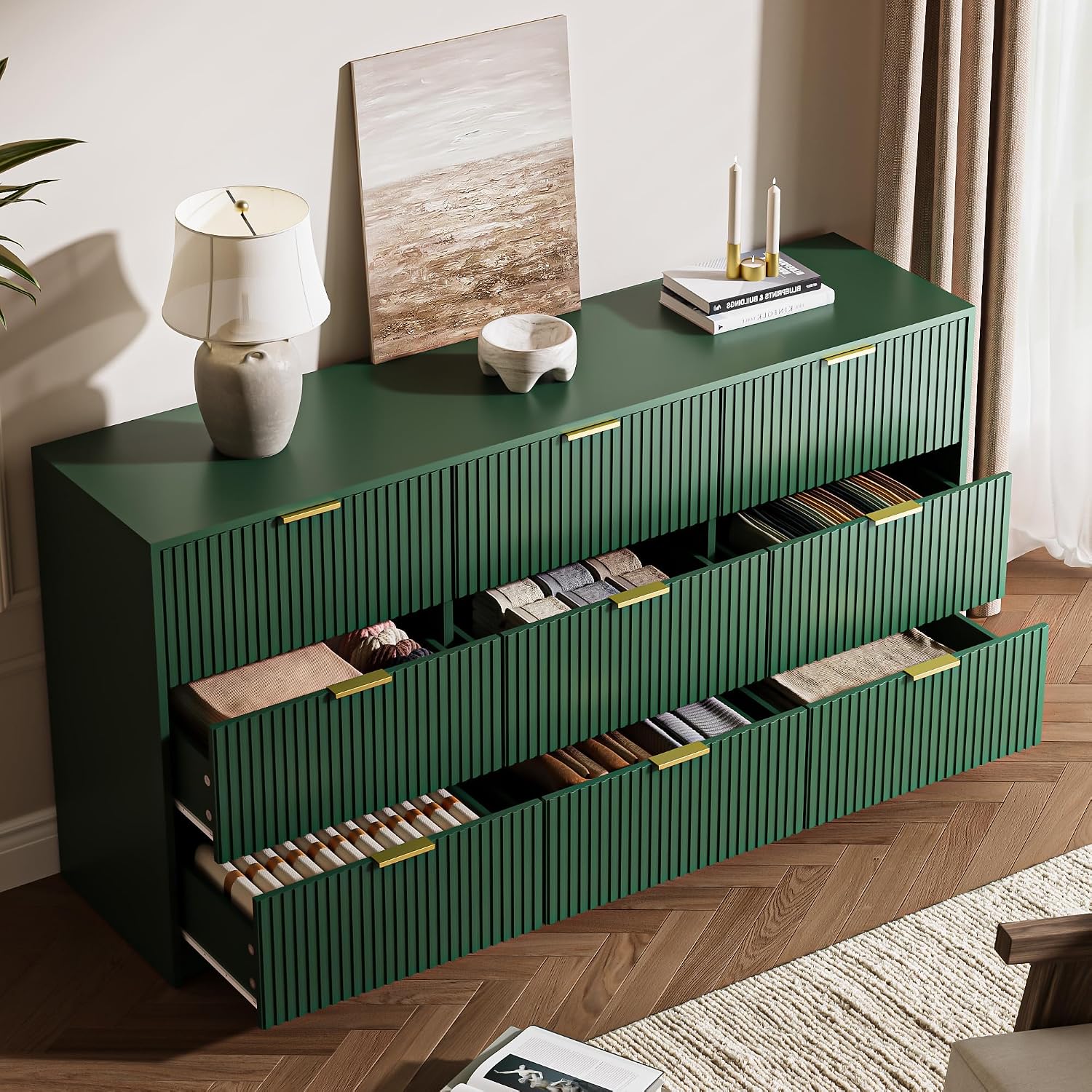MAISONARIA 3-Piece Dresser Bedroom Set, 9 Drawer Dresser & 3 Drawer Nightstands with Gold Handles, Fluted Wood Chest of Drawers for Bedroom, Living Room, Entryway, Green