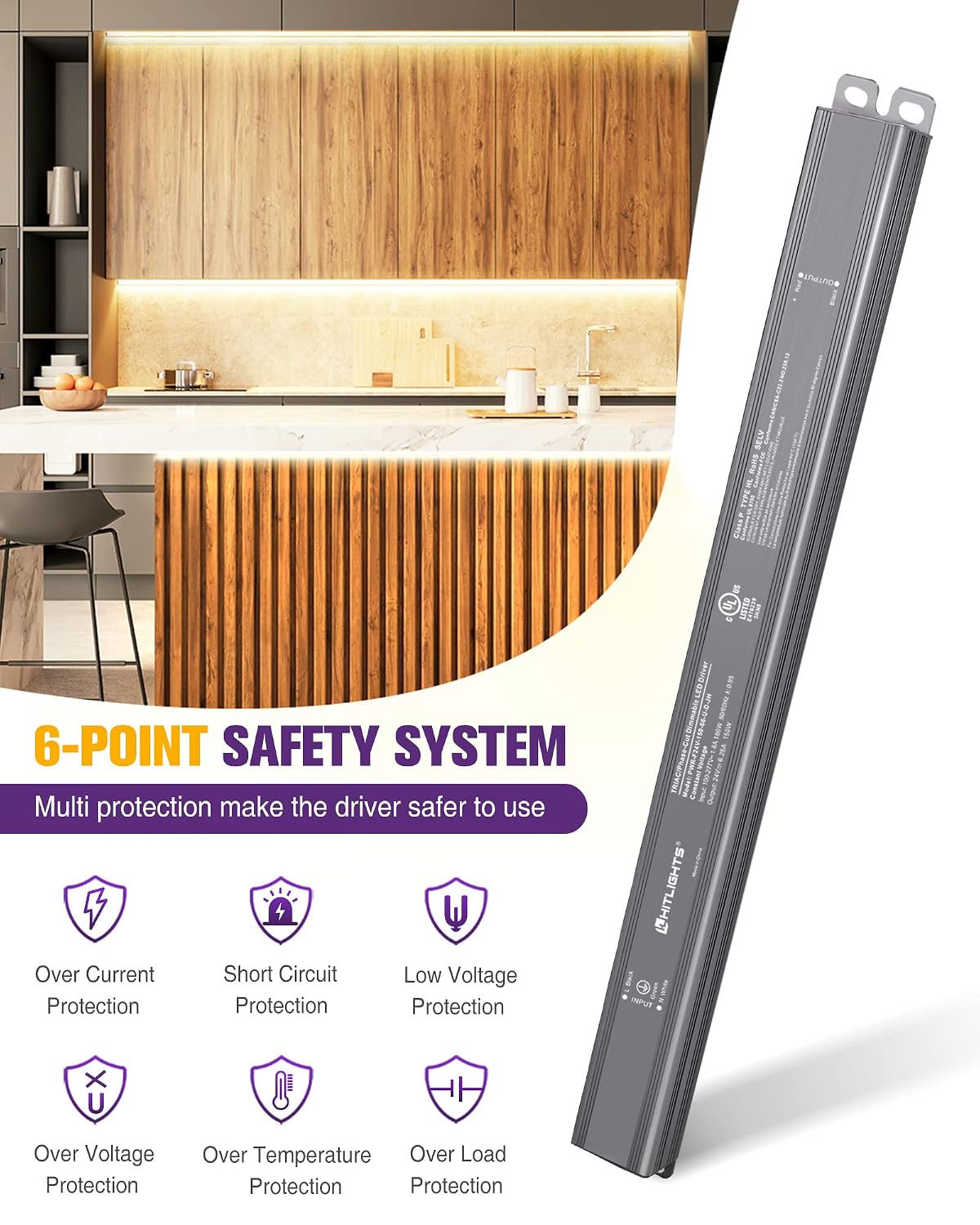 HitLights 150W Dimmable LED Driver Transformer, Power Supply 100~277V AC to 24V DC, 6.2A, Compatible with Forward/Reverse Phase, TRIAC, MLV, ELV Dimmers Such As Lutron, Leviton, Legrand, UL-Listed