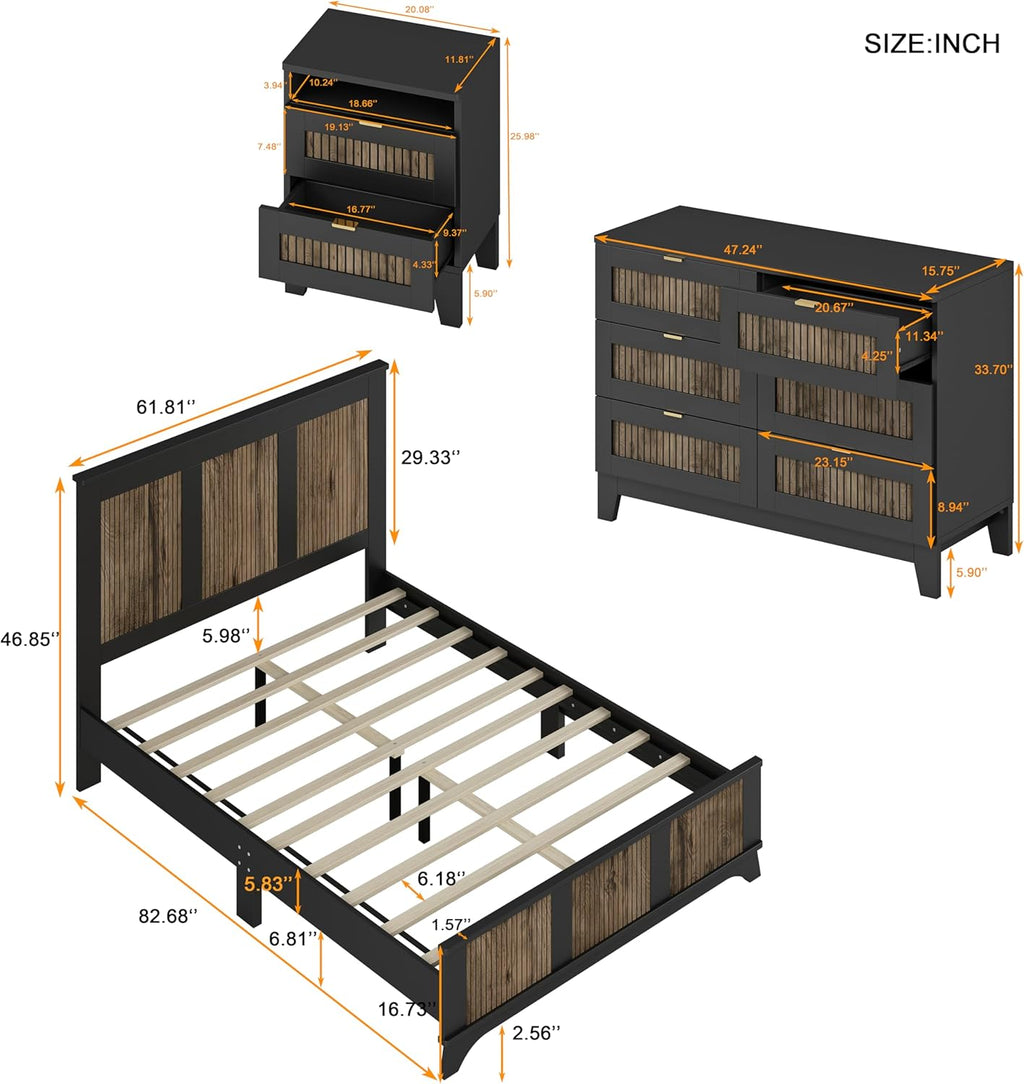 JIJIWANG 4-Pieces Bedroom Sets, Queen Size Farmhouse Platform Bed with Wooden Strip Stickers Decoration, Storage Nightstand and Dresser with Metal Handle, Black