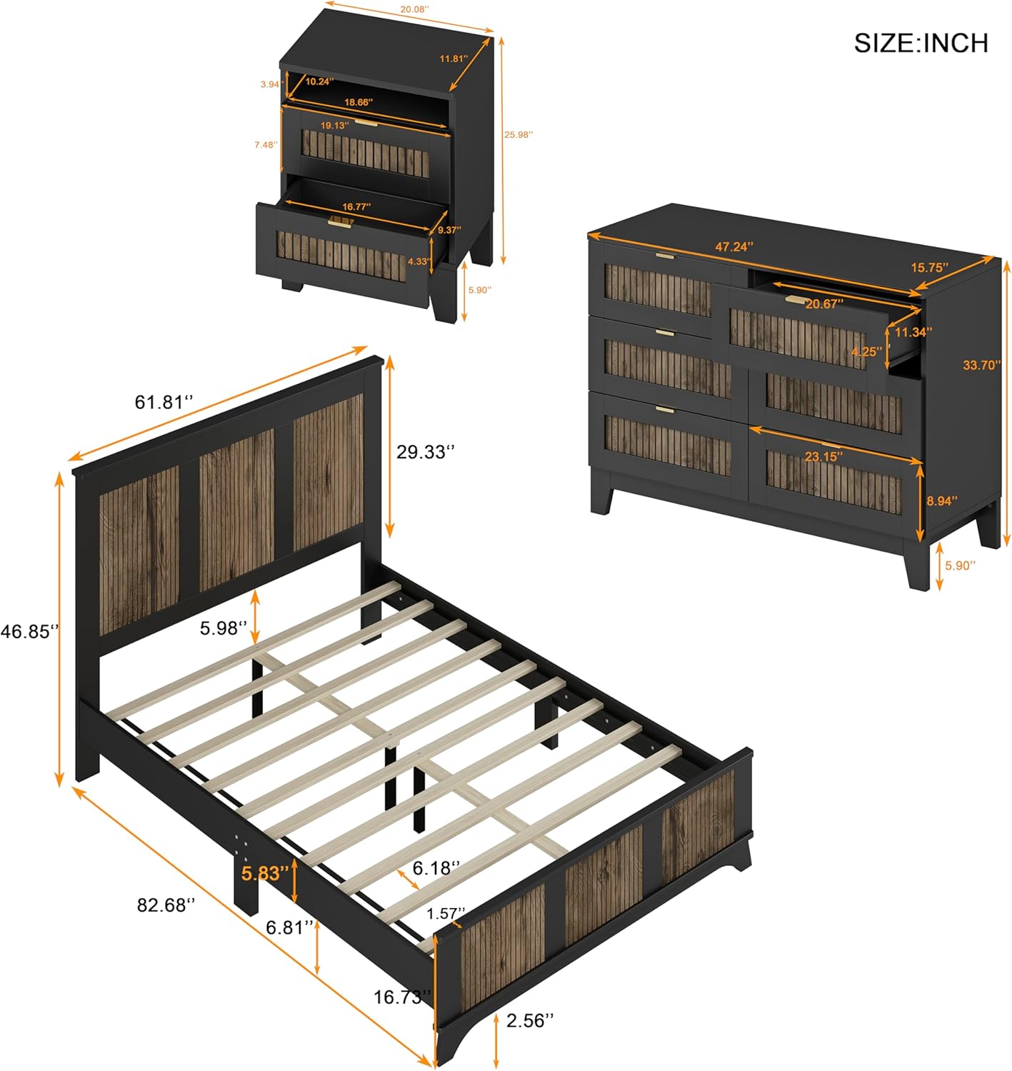Harper & Bright Designs Mid-Century Modern 4-Piece Bedroom Sets, Queen Size Platform Bed Frame with Headboard, 2 Storage Nightstands and 1 Dresser with Metal Handle,Black