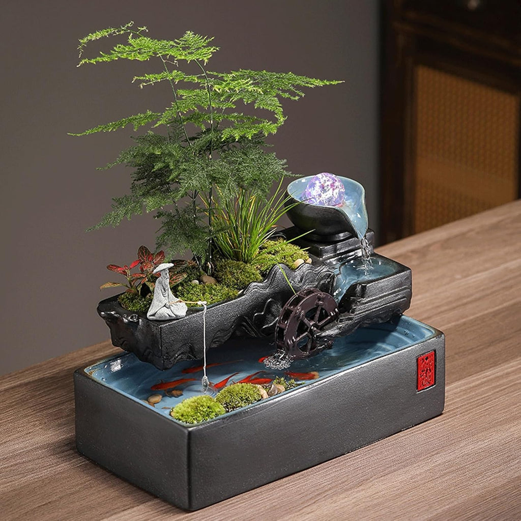 Ceramic Tabletop Fountain Relaxing Indoor Water Fountain w/Crystal Ball & Atomizer Small Fish Tank Water Feature for Desk