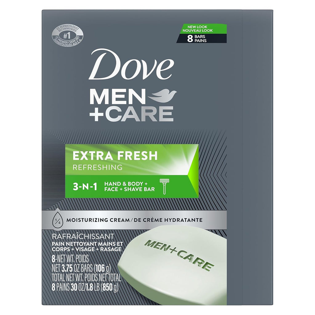 DOVE MEN + CARE 3 in 1 Bar Cleanser for Body, Face, and Shaving Extra Fresh Body and Facial Cleanser More Moisturizing Than Bar Soap to Clean and Hydrate Skin 3.75 Ounce (Pack of 72)