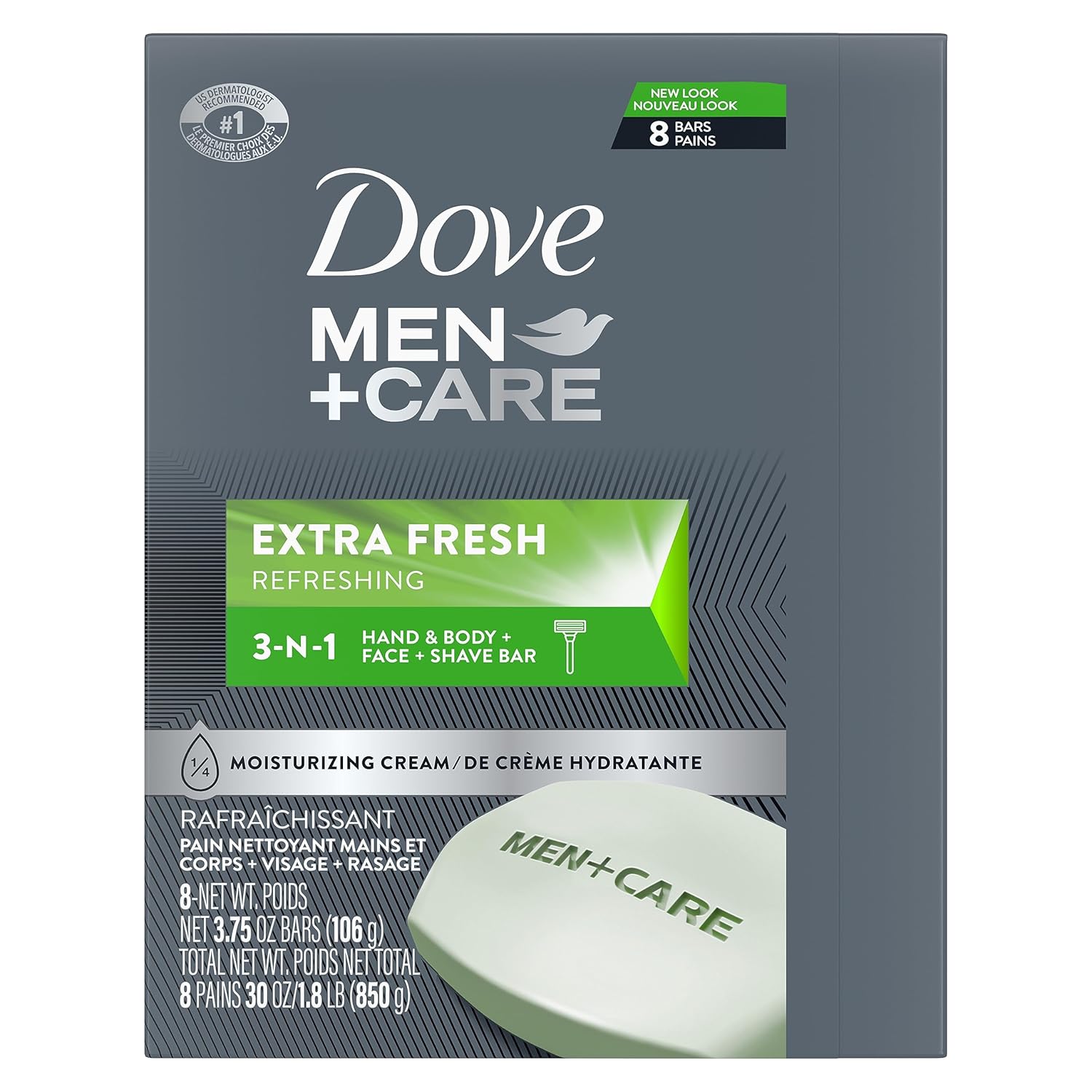 DOVE MEN + CARE 3 in 1 Bar Cleanser for Body, Face, and Shaving Extra Fresh Body and Facial Cleanser More Moisturizing Than Bar Soap to Clean and Hydrate Skin 3.75 Ounce (Pack of 72)