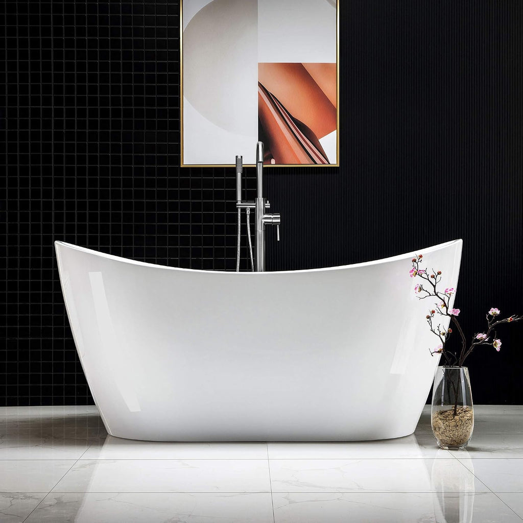 WOODBRIDGE 59' Acrylic Freestanding Bathtub Contemporary Soaking White Tub with Chrome Overflow and Drain，BTA1516-C-Drain-&O