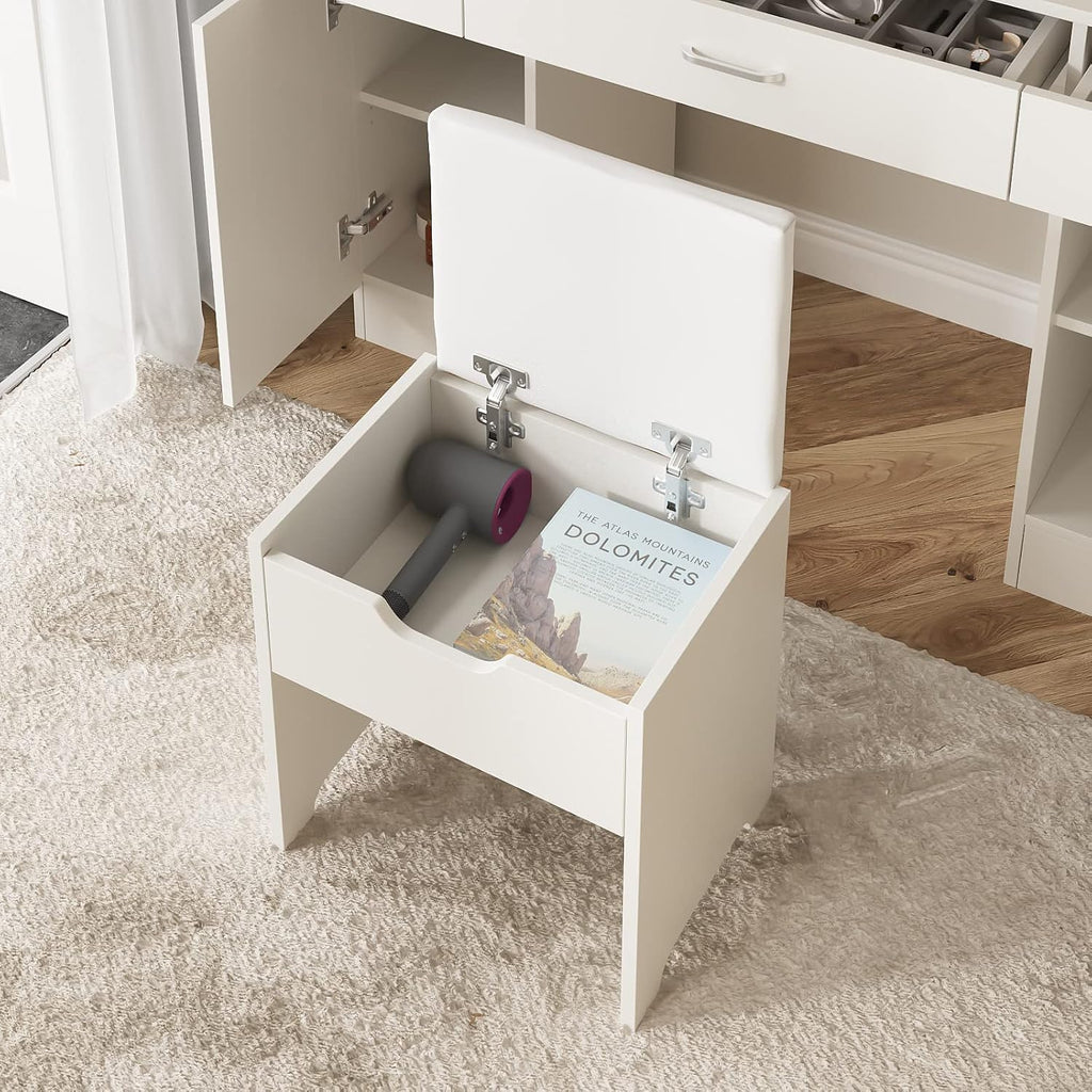 Vabches Vanity Desk with Lighted Mirror, Large Makeup Vanity Table Set with Storage Bench & Cabinets, 3 Brightness Mode, 45.2inch (W), White
