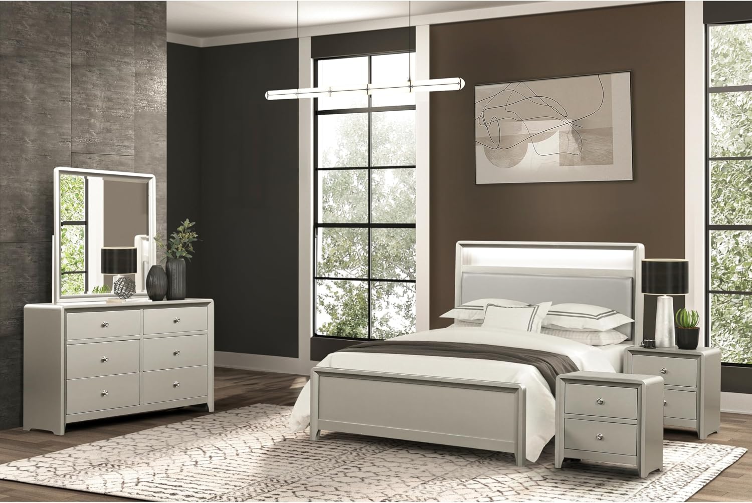 Furniture of America Standin Modern Wood 5-Piece Bedroom Set with LED on Bookcase Headboard, USB-A and USB-C on Both Sides, Brushed Nickel Finish, Box Spring Needed, Queen, Champagne
