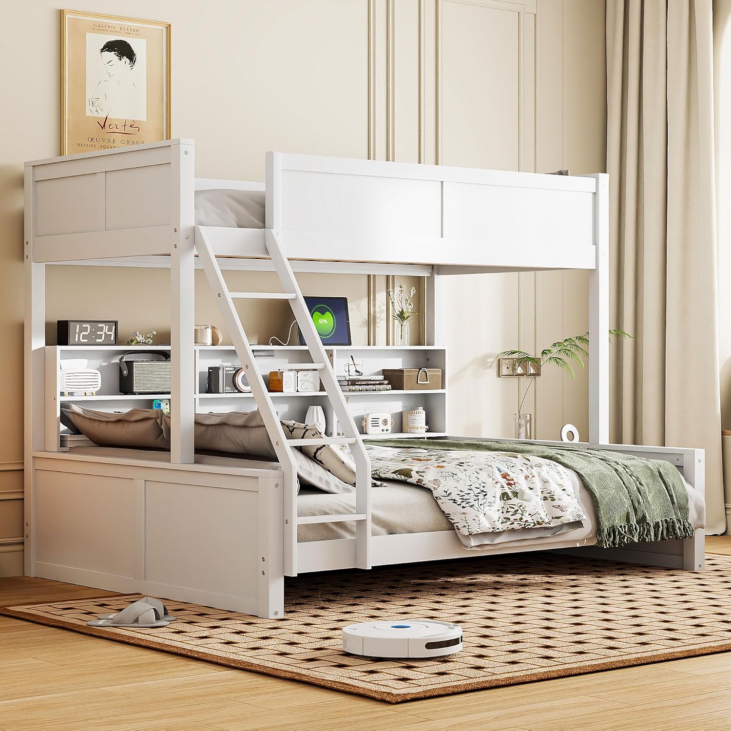 RUNNA Twin XL Over Queen Bunk Bed with Storage Cabinets and USB Ports, Solid Pine Wood Frame, Safety Guard Rails, No Box Spring Needed (Antique White1, Twin XL Over Queen)