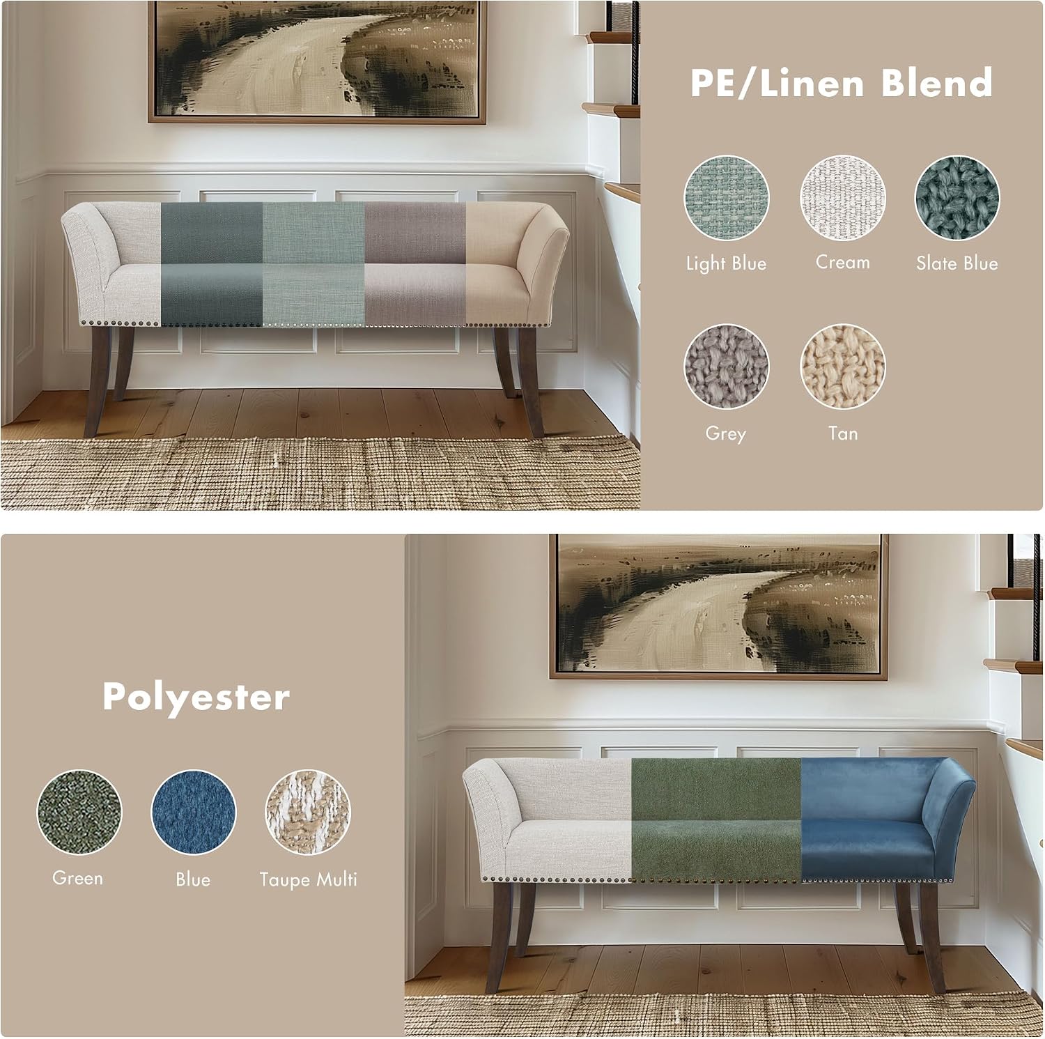 Madison Park Accent Bench, Upholstered with Nailhead Trim, & Padded Seat Entryway Bench Small, End of Bed Bench with Back, 49.5' W x 19.25' D x 23' H, Tan