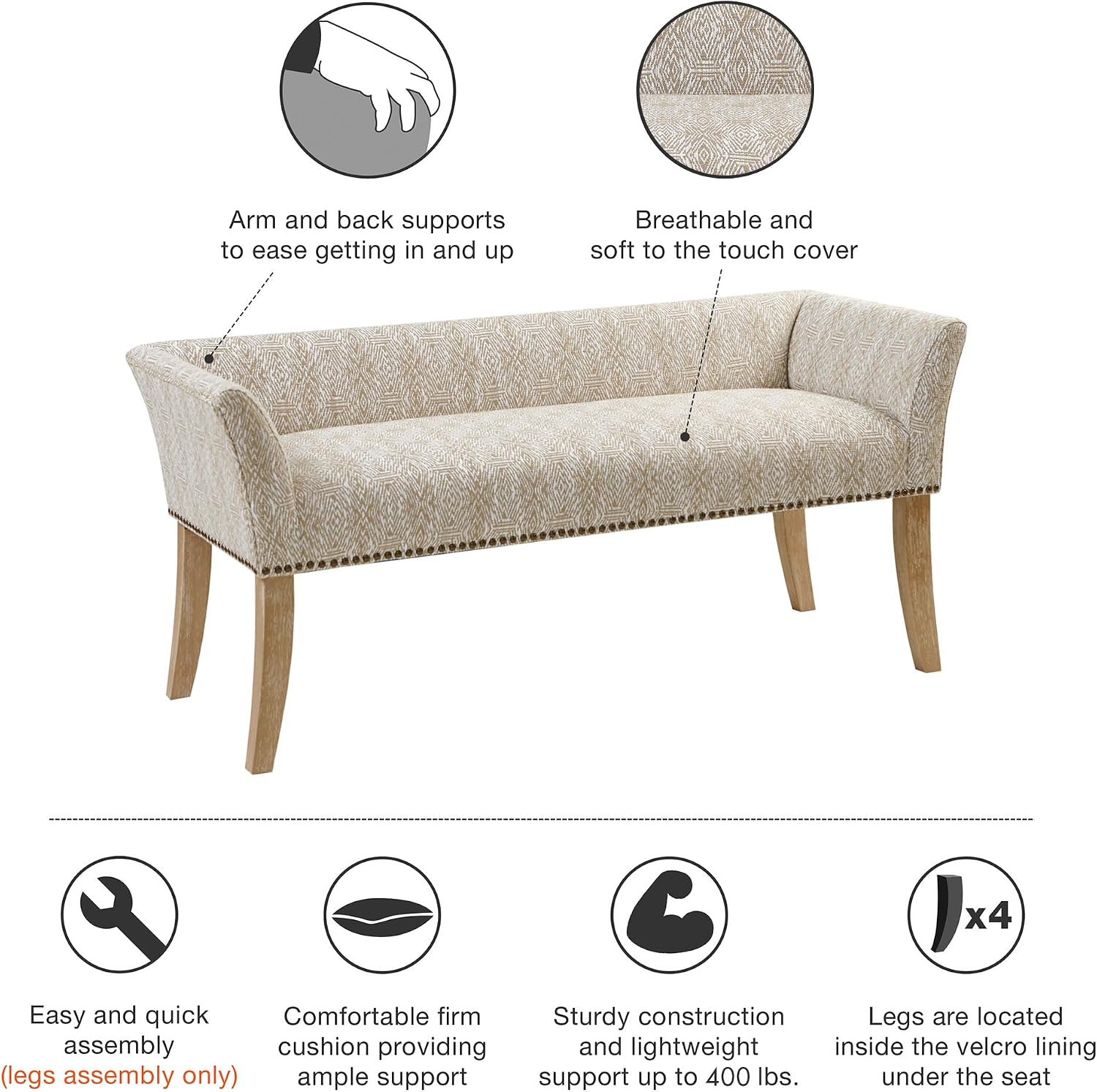 Madison Park Accent Bench for Living Room, Upholstered with Nailhead Trim, & Padded Seat Entryway Bench Small, End of Bed Bench with Back, 49.5' W x 19.25' D x 23' H, Taupe Multi