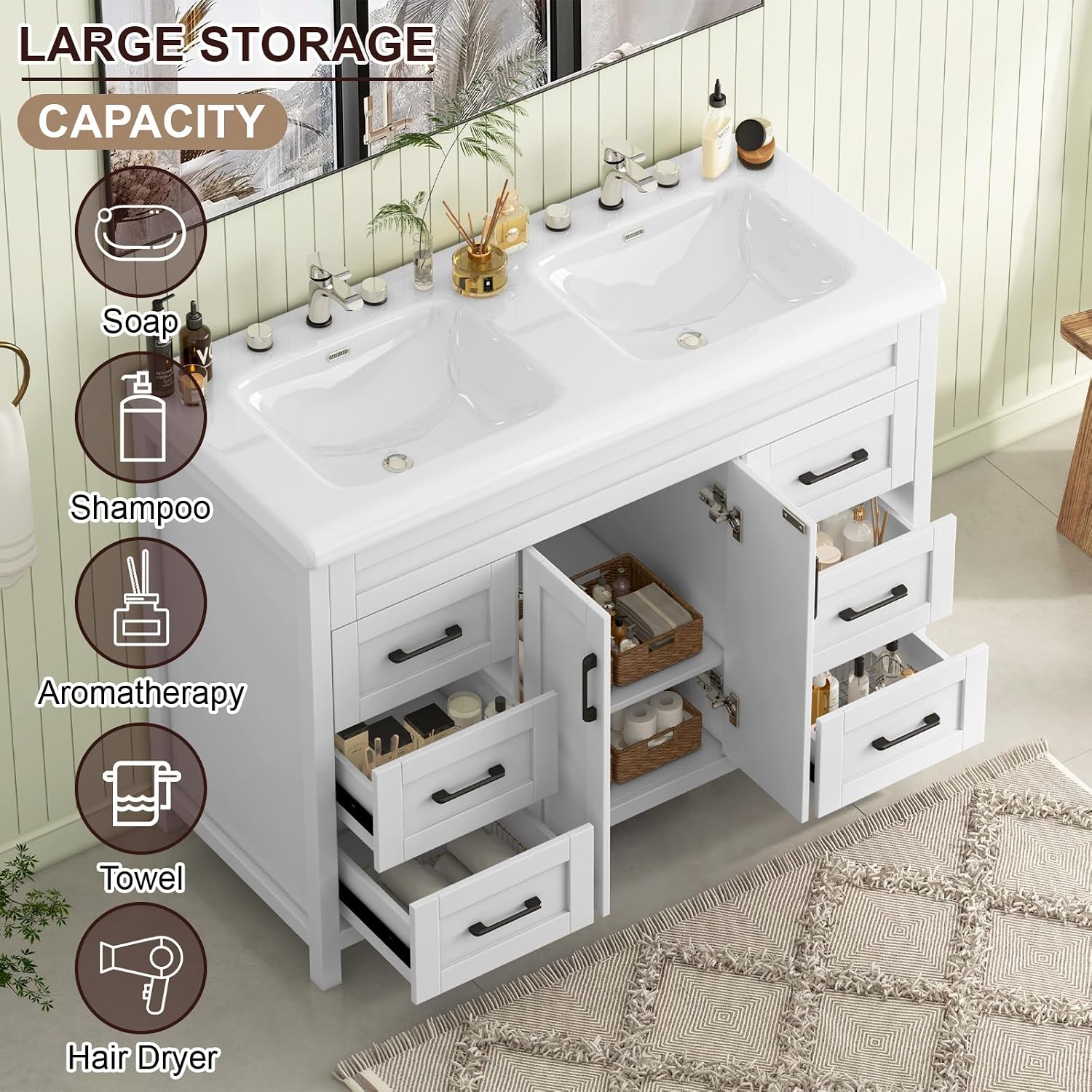 Bathroom Vanity with Double Sink, 48 inch Modern Bathroom Storage Cabinet with Undermount Ceramic Sink, Soft Closing Doors and 6 Drawers, White