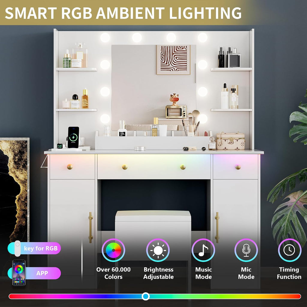 Xixini Vanity Desk with Mirror and Lights, 43'' White Makeup Dressing Table Set with 5 Drawers & Chair, Power Outlet, 3 Lighting Modes Adjustable Brightness & RGB LED for Women Girls Bedroom Bathroom