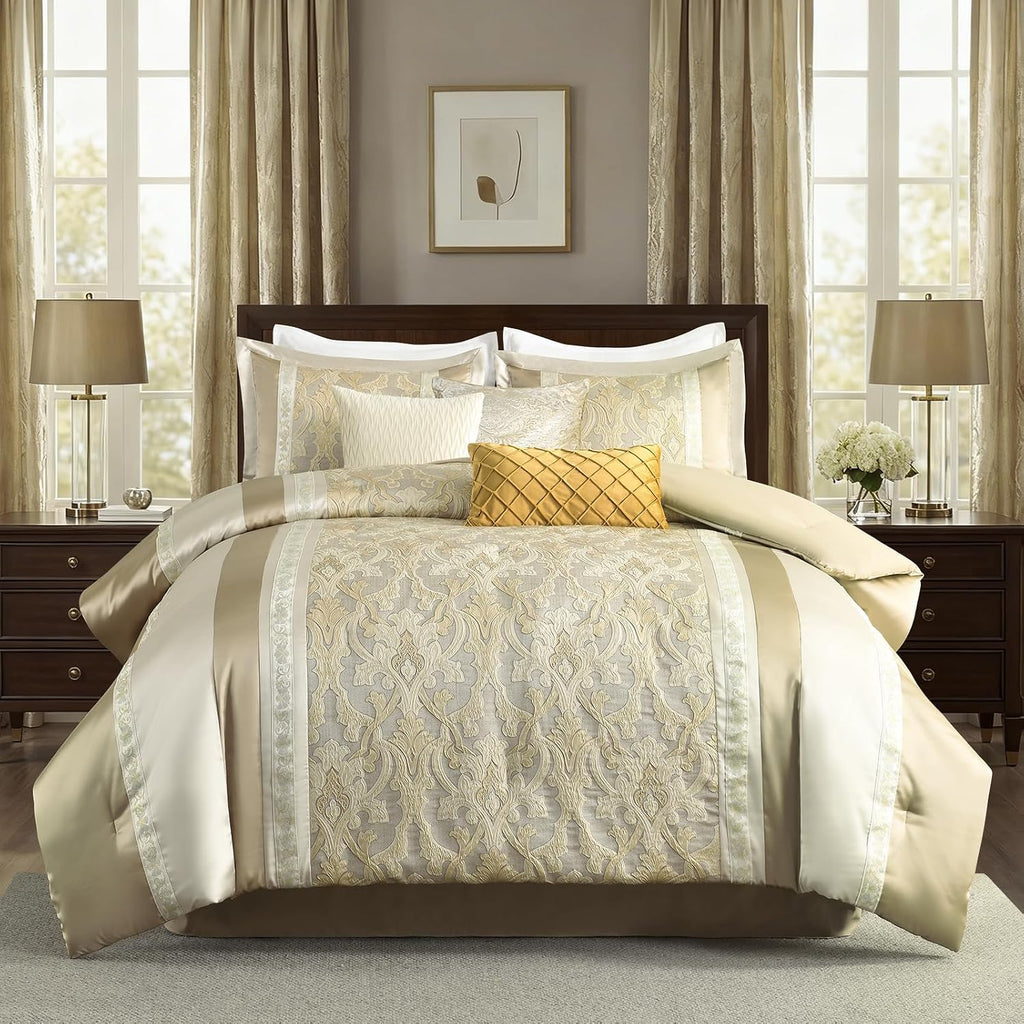 Bedduvit Luxury 7 Piece Bed in Bag, Vintage Damask Jacquard Thick California King Comforter Set, Luxurious Genuine Patchwork Cal King Bedding Set with Bed Skirt, Decor Pillows, Shams, Gold/Beige/Cream