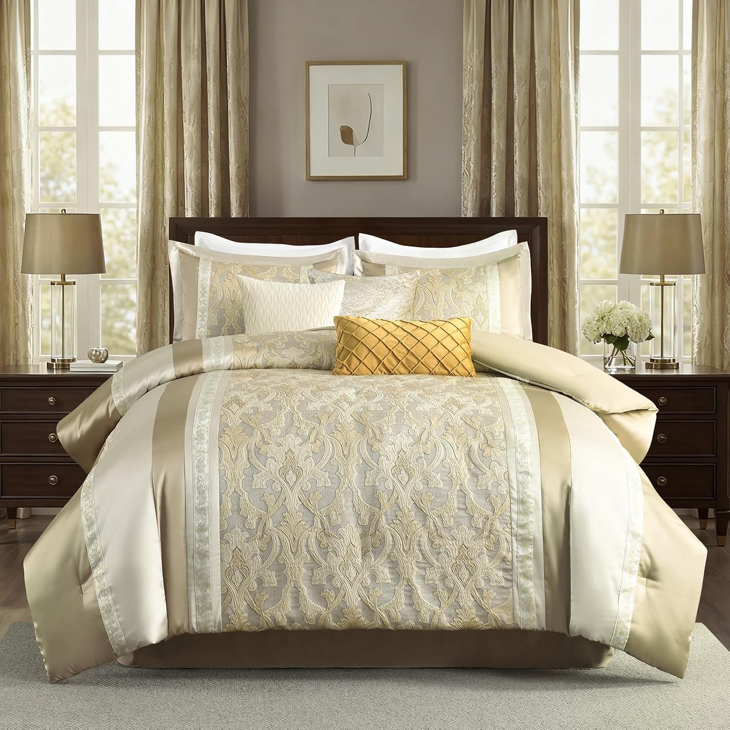 Bedduvit Luxury 7 Piece Bed in Bag, Vintage Damask Jacquard Thick California King Comforter Set, Luxurious Genuine Patchwork Cal King Bedding Set with Bed Skirt, Decor Pillows, Shams, Gold/Beige/Cream