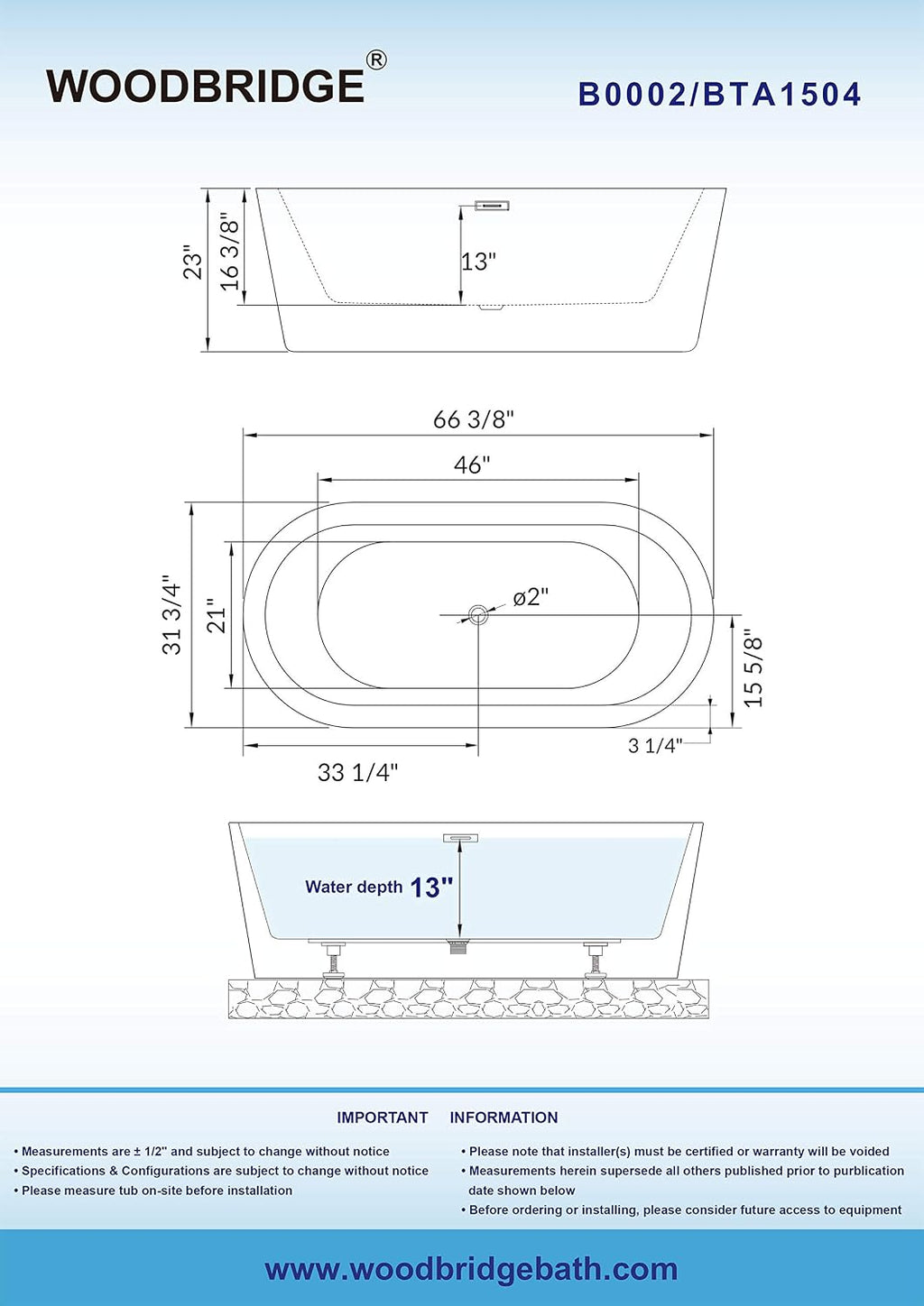 WOODBRIDGE 67' Acrylic Freestanding Bathtub Contemporary Soaking White Tub with Brushed Gold Overflow and Drain，B0002 -BG-Drain &O