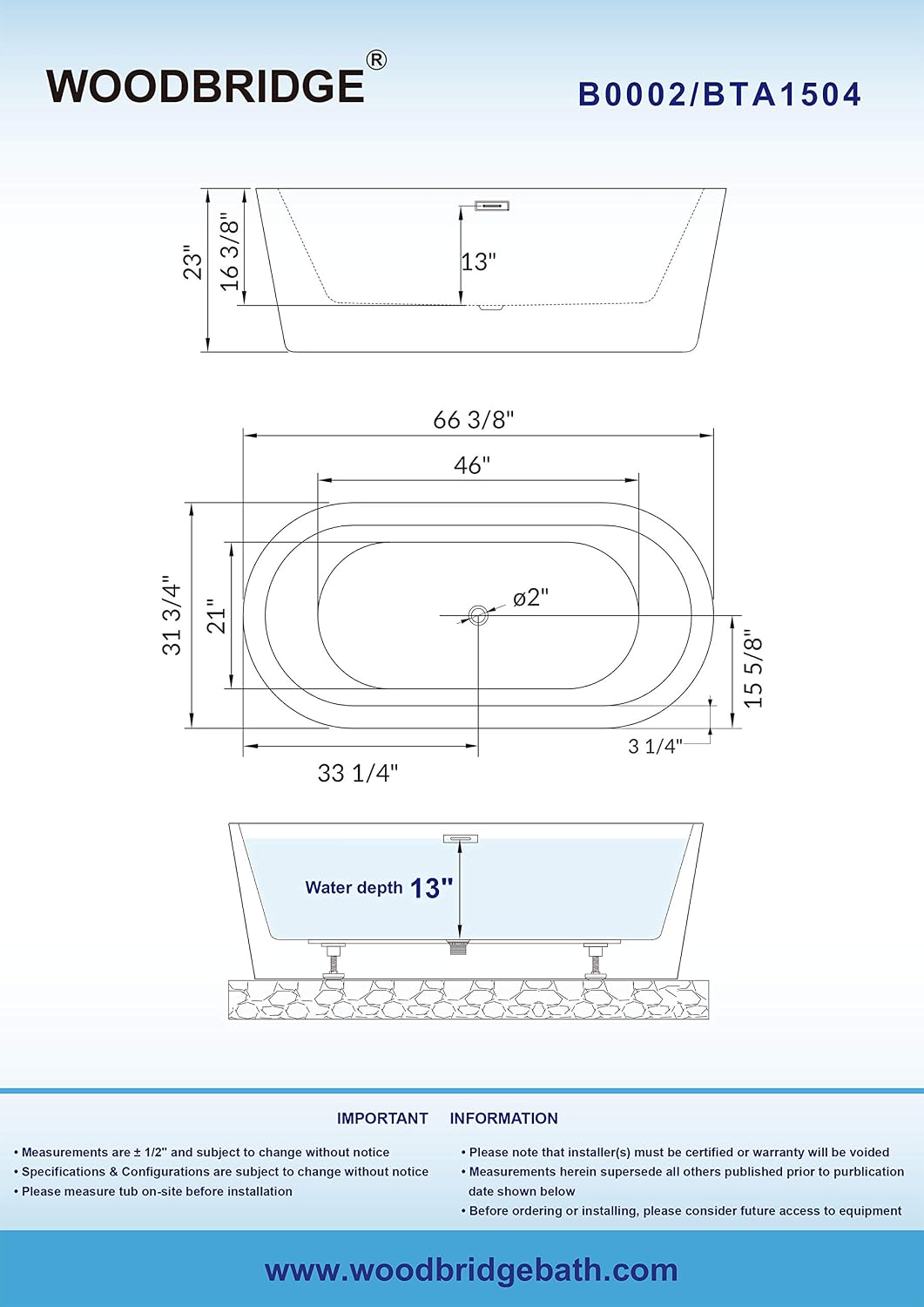 WOODBRIDGE 67' Acrylic Freestanding Bathtub Contemporary Soaking White Tub with Brushed Gold Overflow and Drain，B0002 -BG-Drain &O
