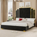 YUMPIE California King Size Platform Bed Frame with 65' Extra Tall Headboard, Velvet Upholstered Bed with Golden Plating Trim, Wooden Slats/No Box Spring Needed/Noisy Free/Black