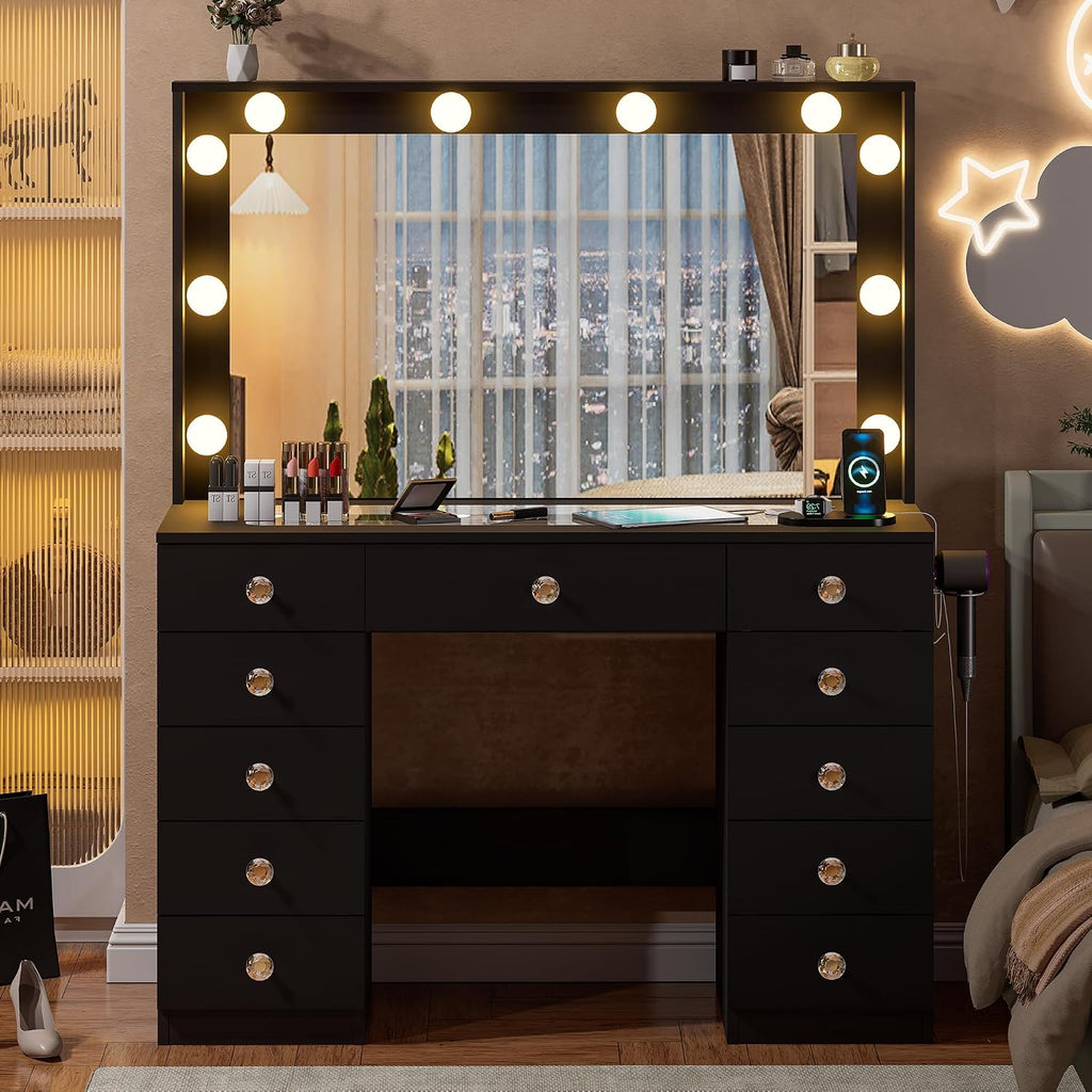 DINGIPP 42.1' Vanity with Large Mirror and 10 LED Lights, Vanity Desk with Glasstop, 11 Drawers with Crystal Handles, Dressing Table with Power Outlet as Gift for Women, Girls (Black)