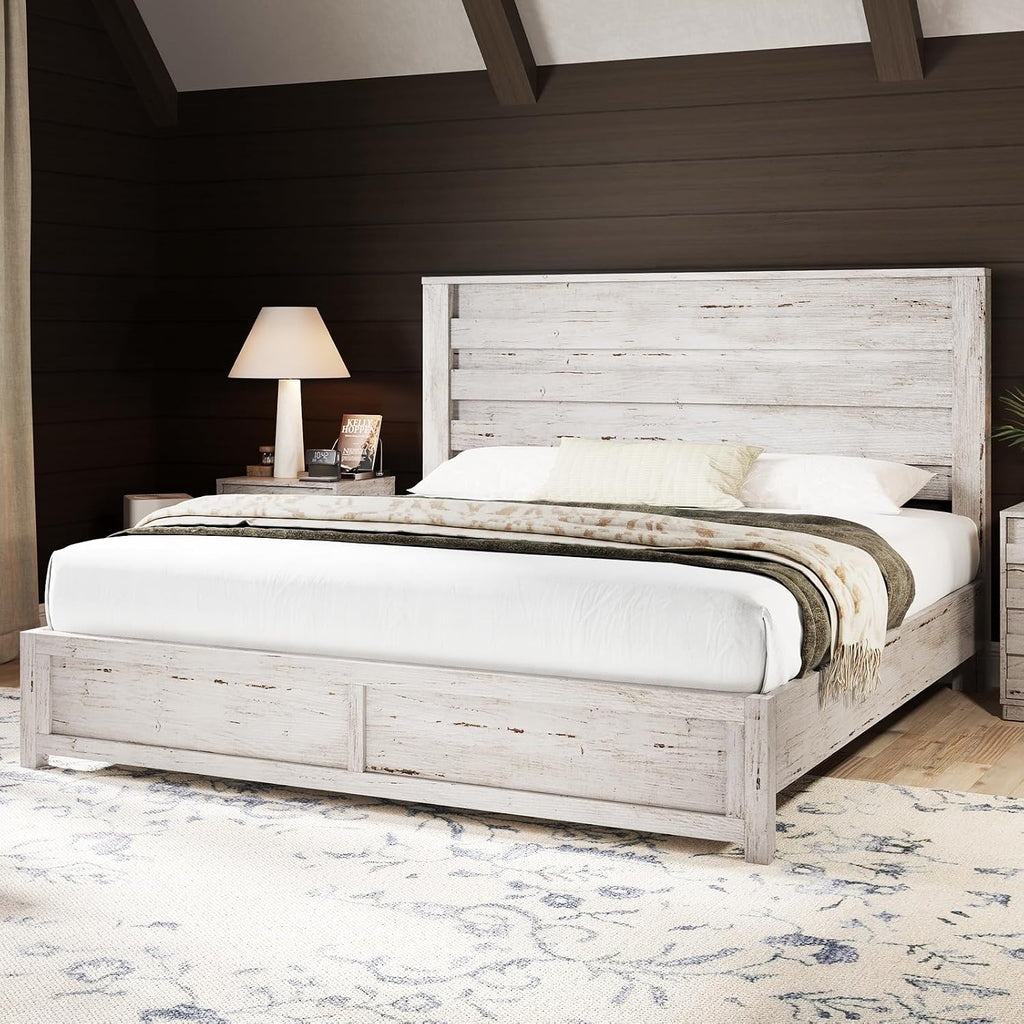 AMERLIFE 2-Piece Farmhouse Bedroom Set, Full Bed Frame and 6 Drawer Dresser, Platform Bed with 49' Fluted Headboard, 54' Wide Wood Chest of Drawer for Bedroom, Grey