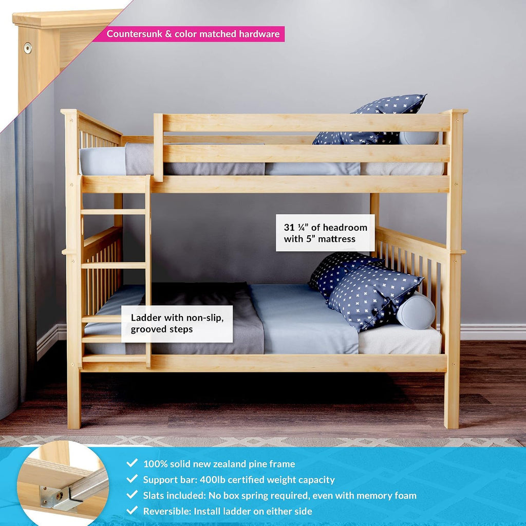 Max & Lily Full Over Full Bunk Bed with Ladder, Solid Wood Platform Bed Frame for Kids, 14' Safety Guardrails, Easy Assembly, No Box Spring Needed, Natural