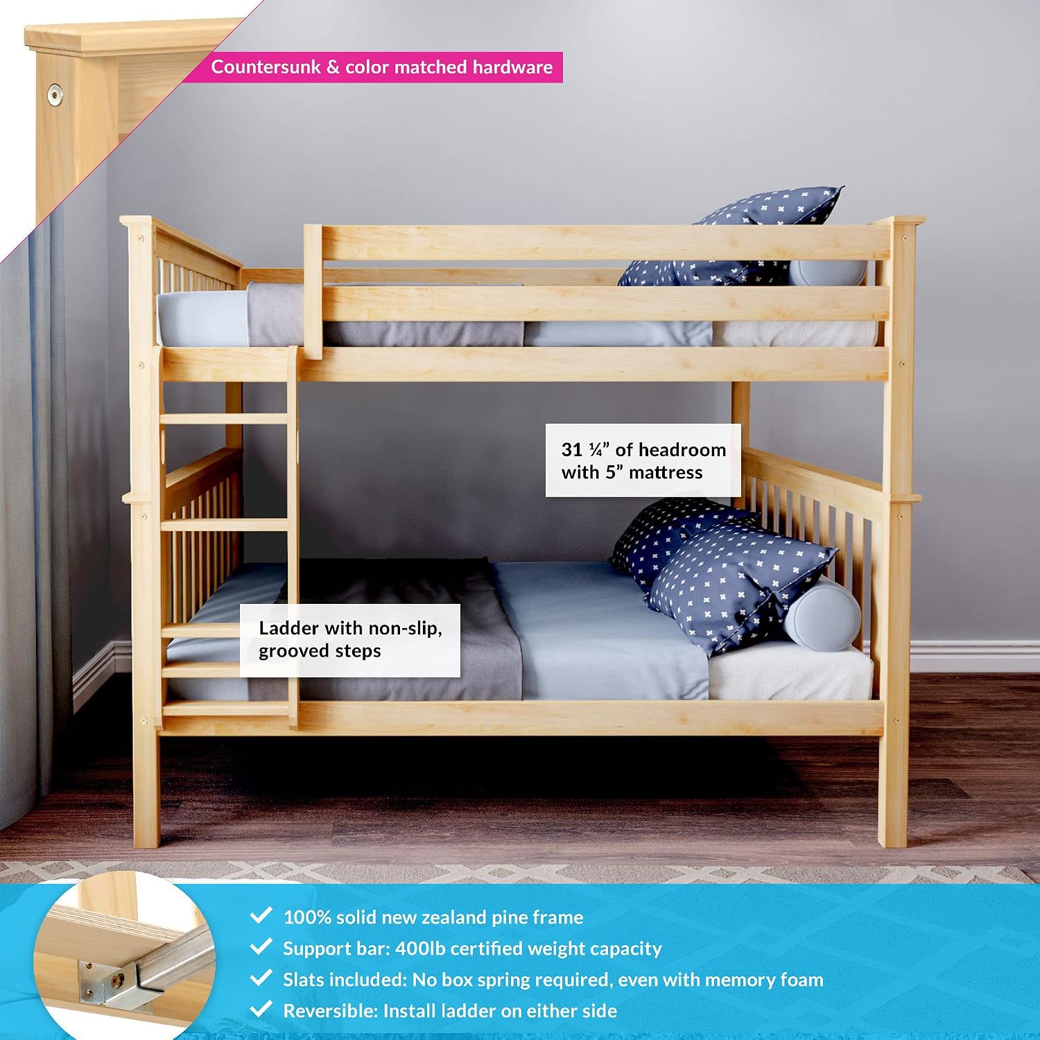 Max & Lily Full Over Full Bunk Bed with Ladder, Solid Wood Platform Bed Frame for Kids, 14' Safety Guardrails, Easy Assembly, No Box Spring Needed, Natural