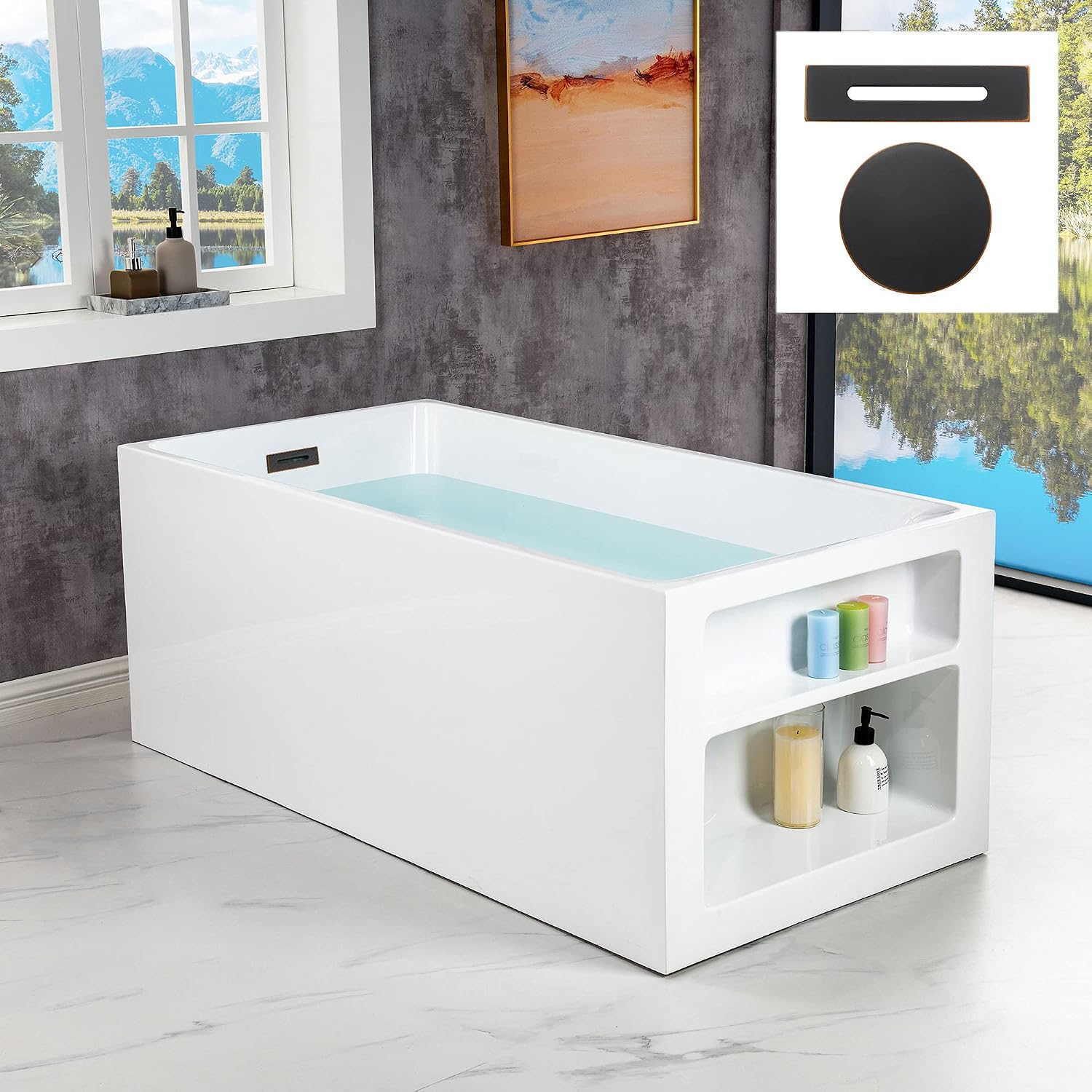 WOODBRIDGE 59' Acrylic Freestanding Bathtub Contemporary Soaking White Tub with Oil Rubbed Bronze Overflow and Drain，BTA0081-ORB-Drain&O
