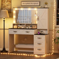 Farmhouse Vanity Desk Makeup Table with Mirror and 10 Lights, 45.3' Large Vanity Desk with Power Outlet, 5 Drawers, 1 Cabinet & 9 Jewelry Hooks, Dressing Table for Women Girls White & Black