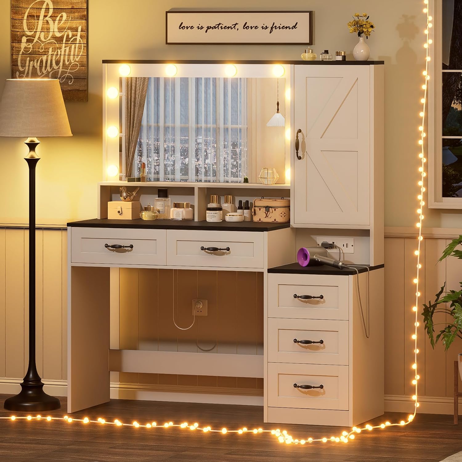 Farmhouse Vanity Desk Makeup Table with Mirror and 10 Lights, 45.3' Large Vanity Desk with Power Outlet, 5 Drawers, 1 Cabinet & 9 Jewelry Hooks, Dressing Table for Women Girls White & Black
