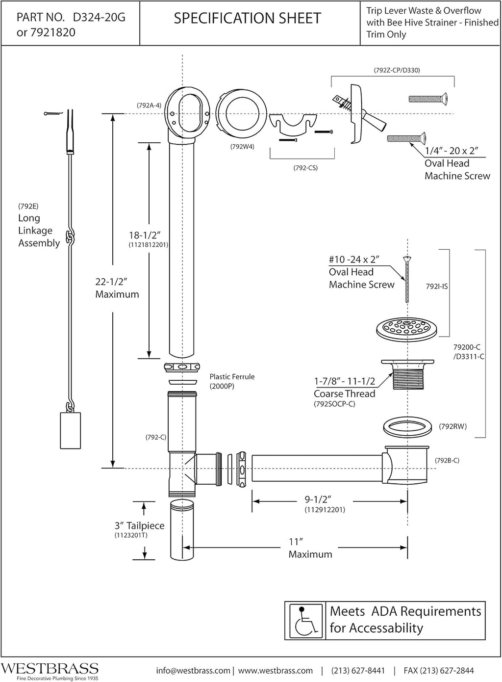 Westbrass D324-20G-12 22-1/2' Brass Bath Waste & Overflow Assembly with Trip Lever and Beehive Strainer Grid Drain, Oil Rubbed Bronze