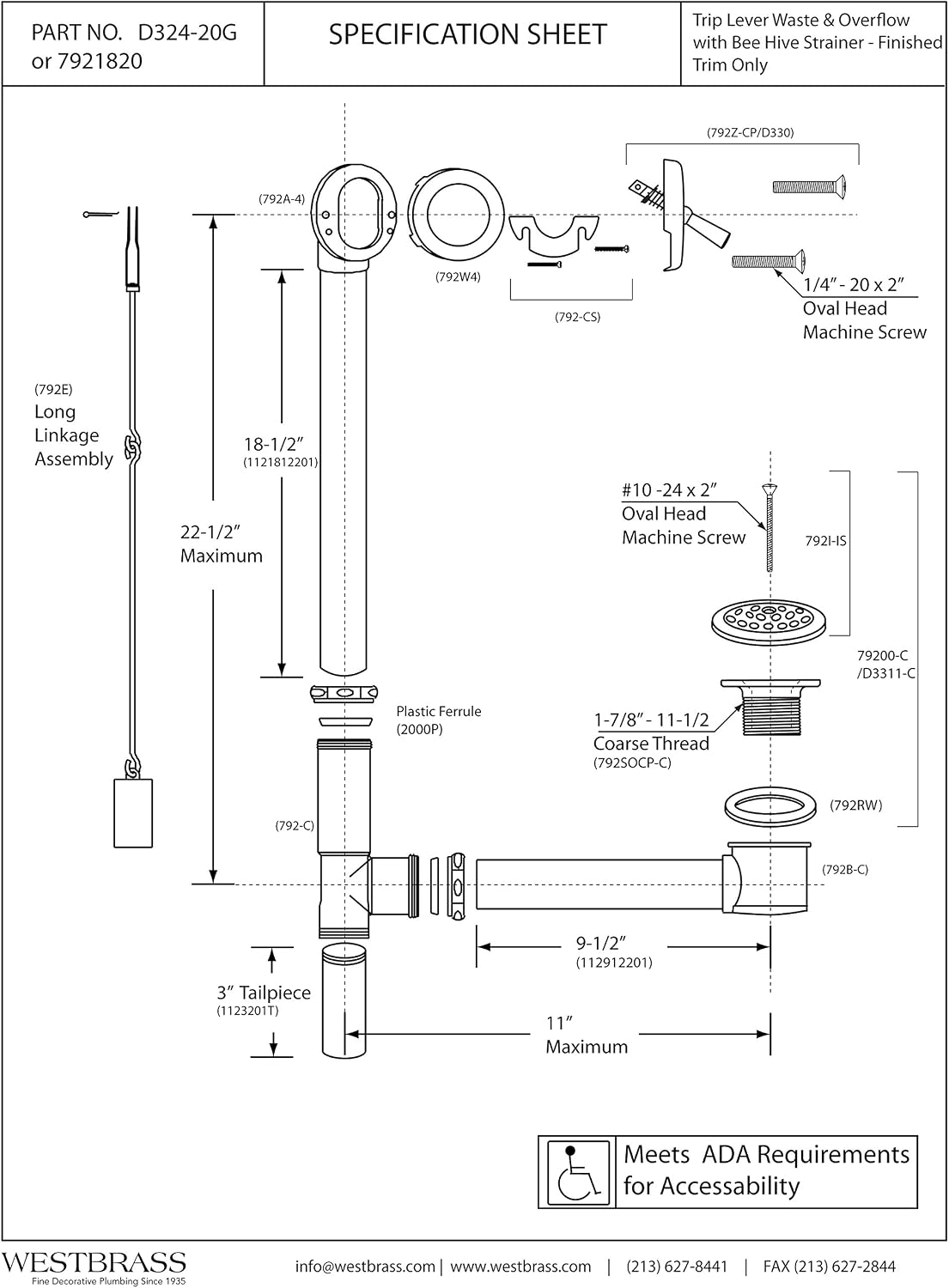 Westbrass D324-20G-12 22-1/2' Brass Bath Waste & Overflow Assembly with Trip Lever and Beehive Strainer Grid Drain, Oil Rubbed Bronze