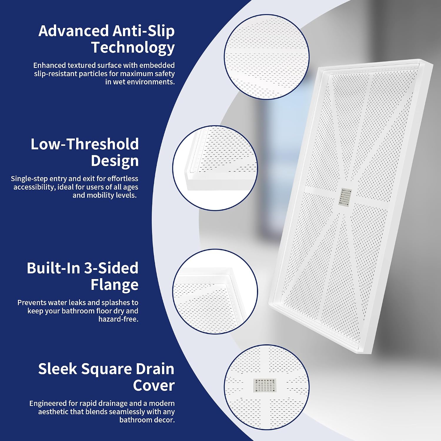 60'×32' Shower Base with Central Drain - Heavy-Duty Solid Surface Construction, 3' Barrier-Free Threshold & Slip-Resistant Textured Floor