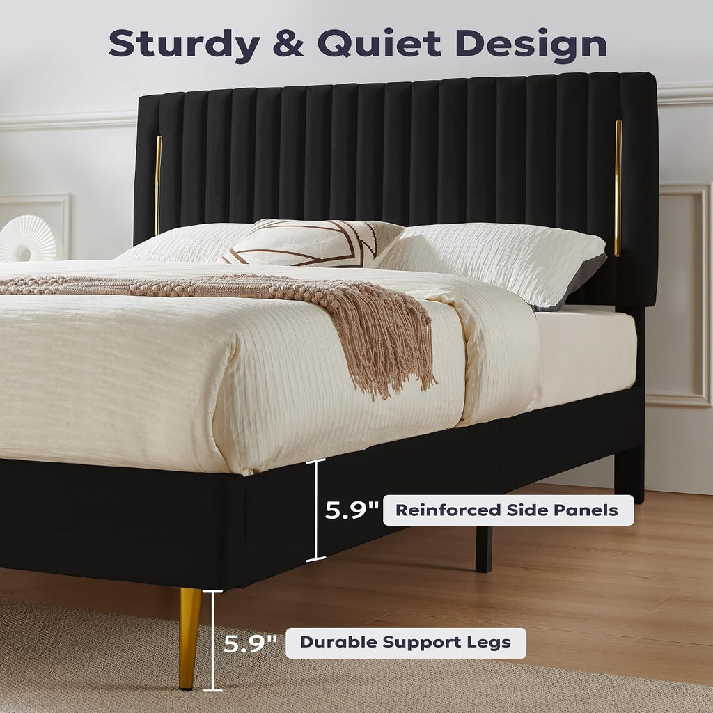 Furnify King Platform Bed Frame, Velvet Upholstered Bedframe with Vertical Channel Adjustable Headboard, Golden Plating Trim, Mattress Foundation with Wooden Slats, No Box Spring Needed, Black