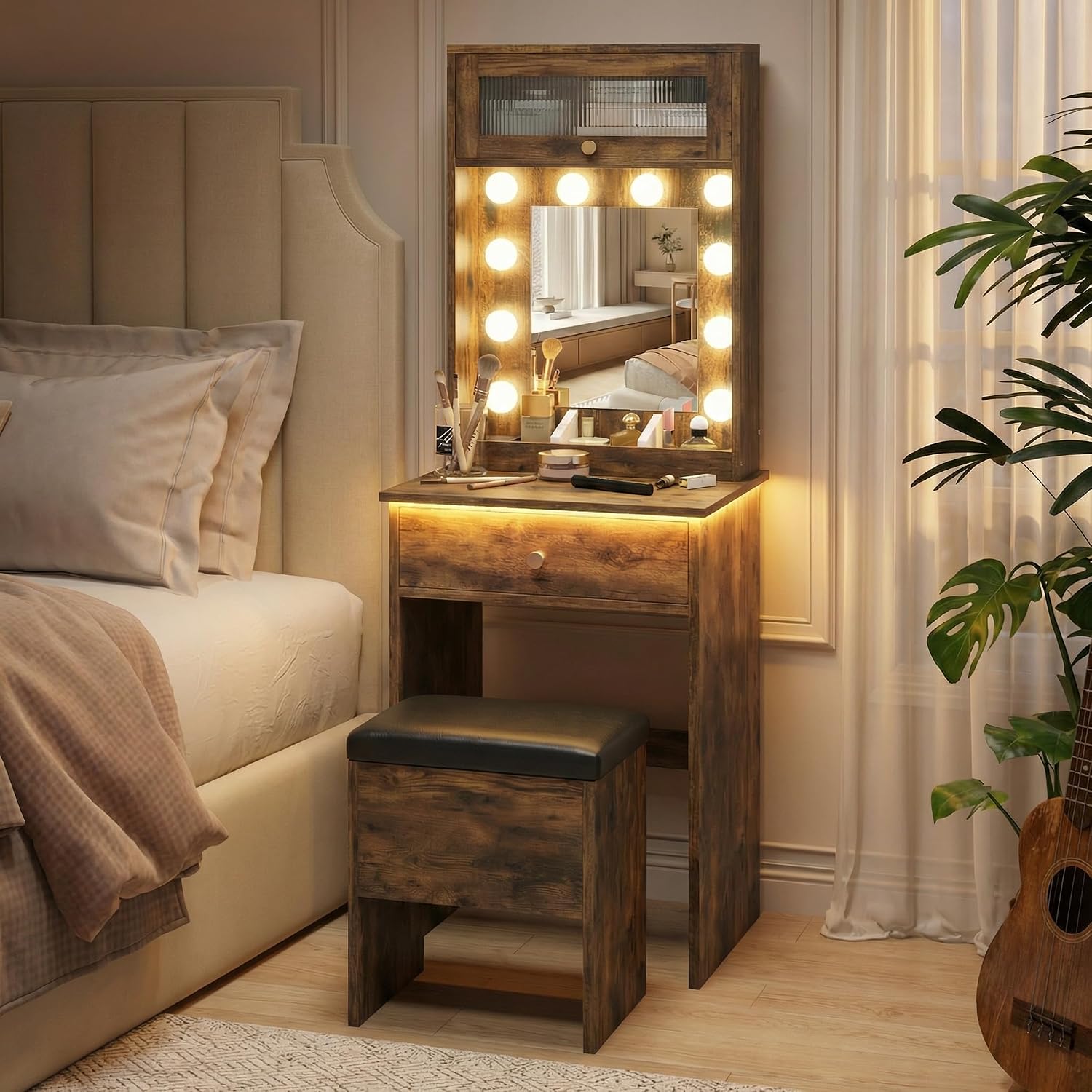 ARTETHYS Small Vanity Desk with Mirror and Lights Rustic Small Makeup Vanity with Storage Chair Mini Makeup Table Set for Bedroom Compact Dressing Table with RGB Lights for Tiny Space