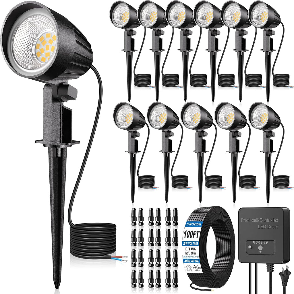 All-in-One Low Voltage Landscape Lighting Kit, 12W LED Landscape Spot Lights with 150W Transformer 100FT Wire, 2700K Waterproof Outdoor Landscape Lighting for Yard Garden Pathway (12 Pack)