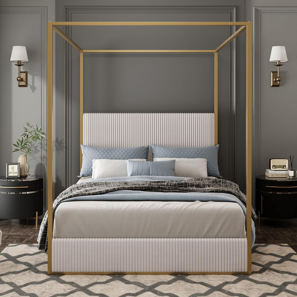 Harper & Bright Designs Luxury Canopy Bed with Tall Corduroy Upholstered Headboard, King Size Upholstered Canopy Bed with Wood Slat Support and Four Poster, No Box Spring Needed, Gold + Beige
