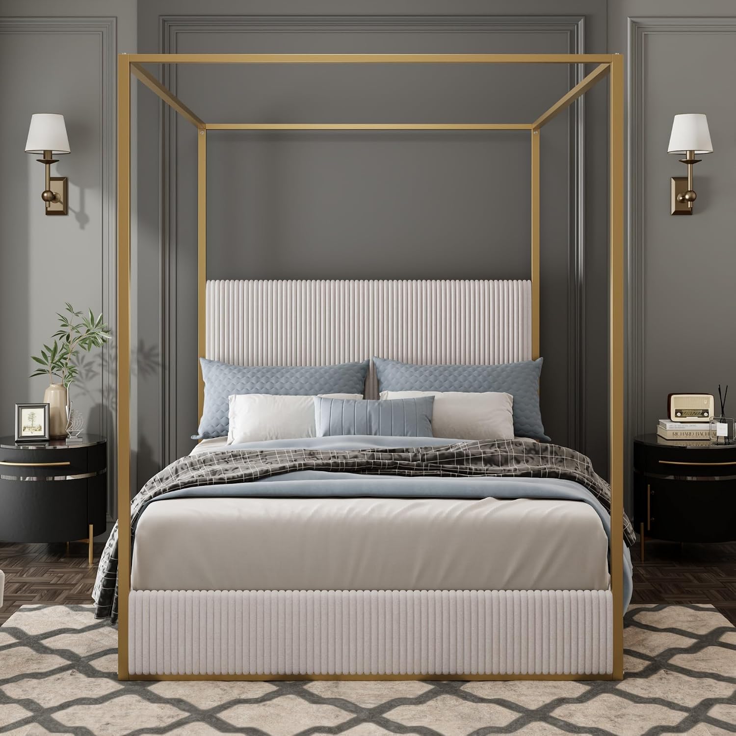 Harper & Bright Designs Luxury Canopy Bed with Tall Corduroy Upholstered Headboard, King Size Upholstered Canopy Bed with Wood Slat Support and Four Poster, No Box Spring Needed, Gold + Beige