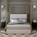 Metal Canopy Bed Queen Size with Upholstered Headboard, Luxury Canopy Platform Bed with Slat Support for Kids Teens, No Box Spring Needed, Noise Free, Space Saving, Beige + Gold