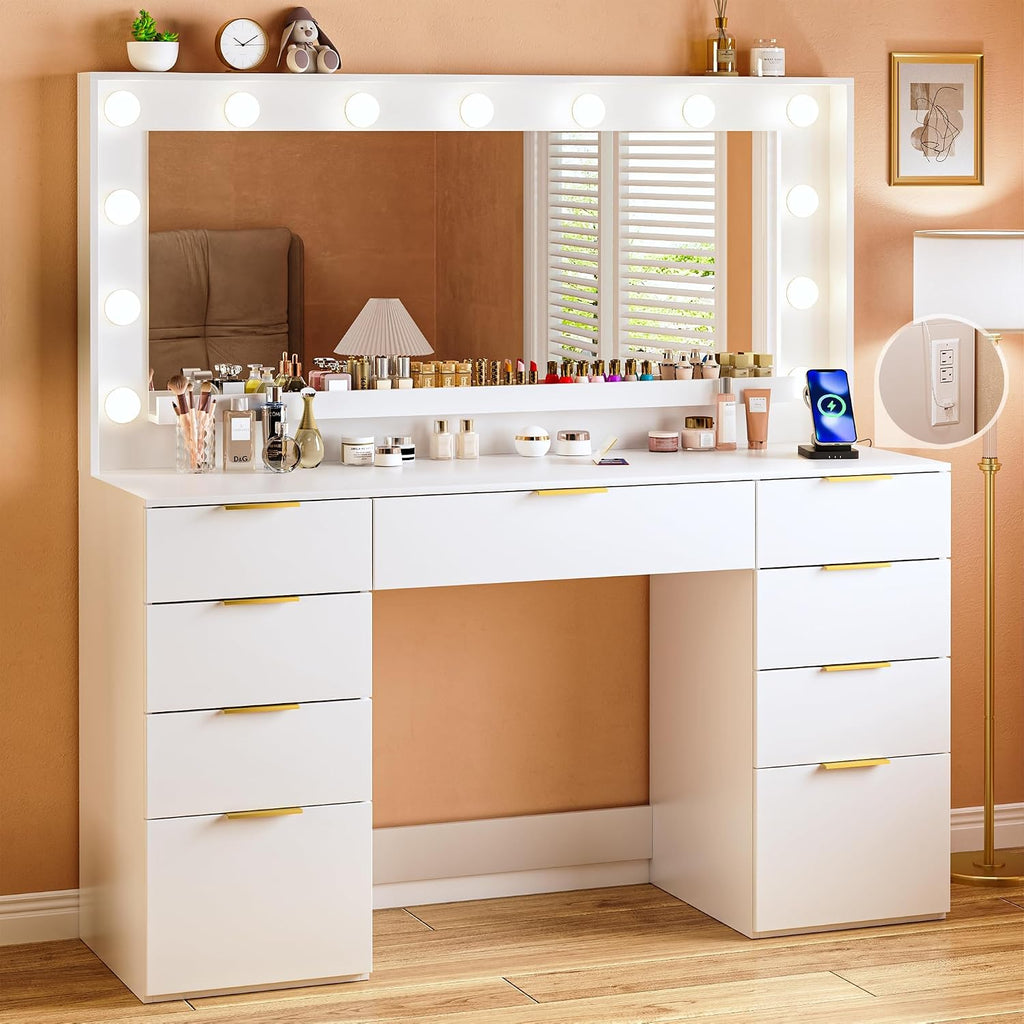 ALEXNUTRE Vanity Desk with Large Mirror and Lights, 45.3in Makeup Vanity with Power Outlet 9 Drawers & Storage, 3 Lighting Color Adjustable, White Vanity Desk for Bedroom