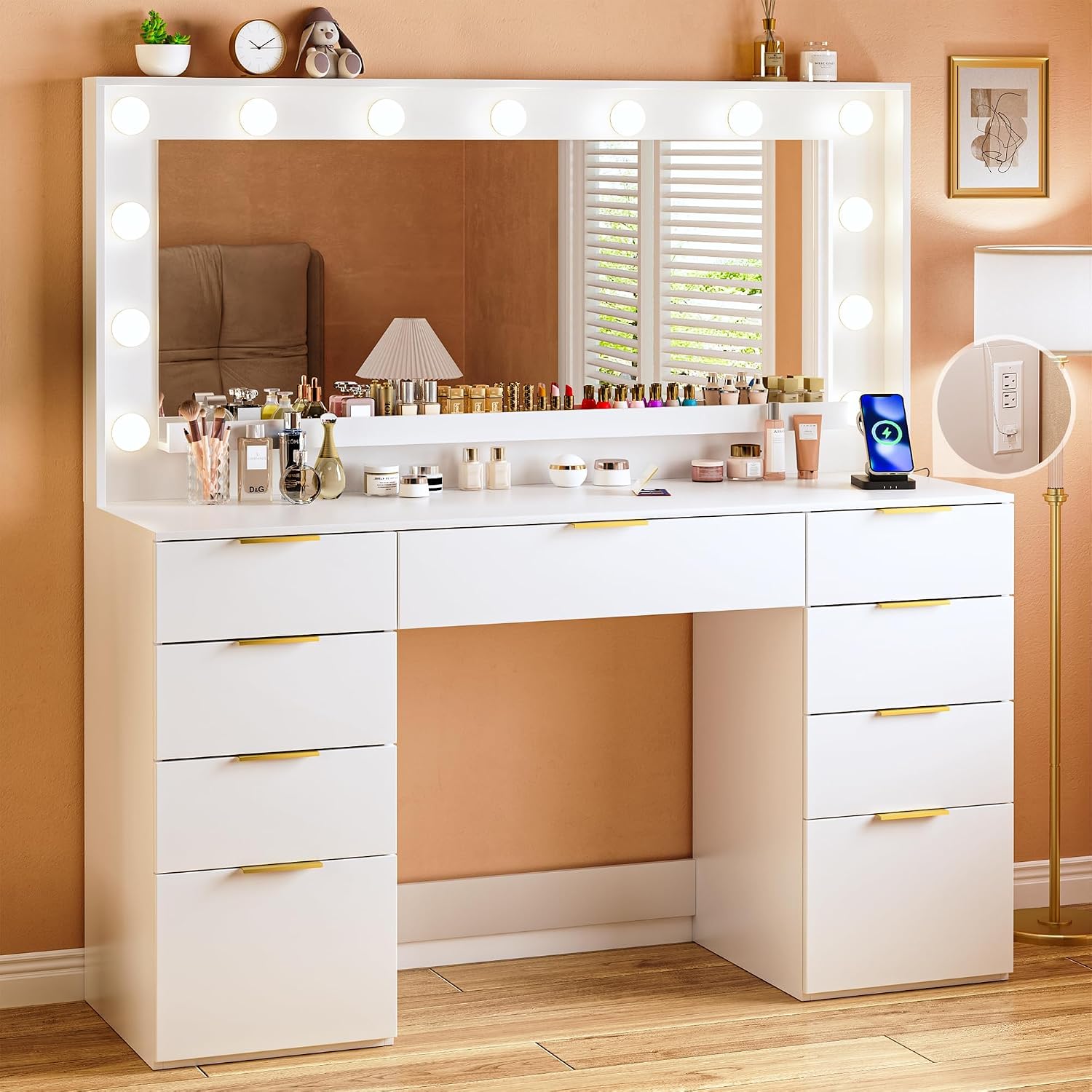 ALEXNUTRE Vanity Desk with Large Mirror and Lights, 45.3in Makeup Vanity with Power Outlet 9 Drawers & Storage, 3 Lighting Color Adjustable, White Vanity Desk for Bedroom