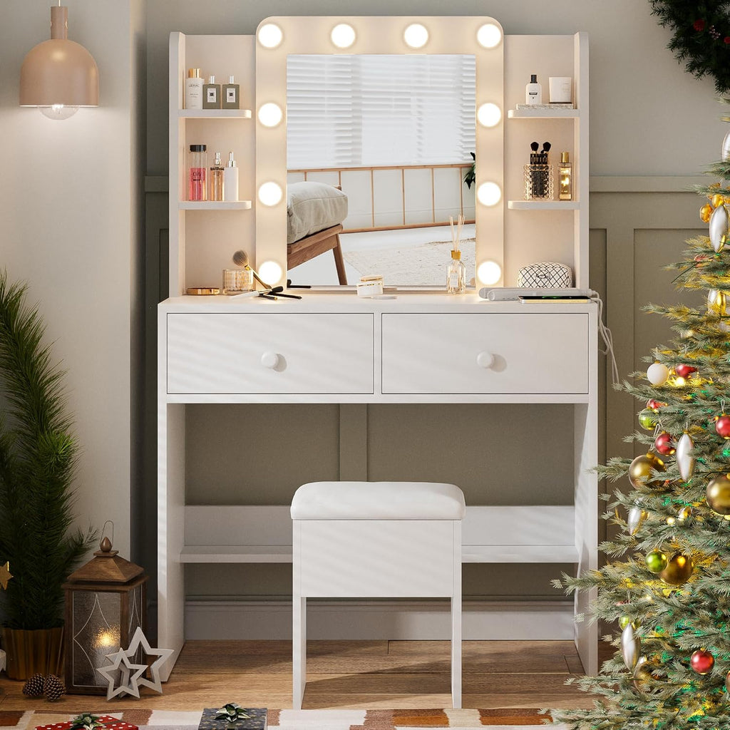 Haewon White Vanity Desk with Mirror and Lights, Makeup Vanity with 10 LED Bulbs and 3 Color Modes, Dressing Table Set with Power Outlets, Storage Drawers and Chair for Bedroom