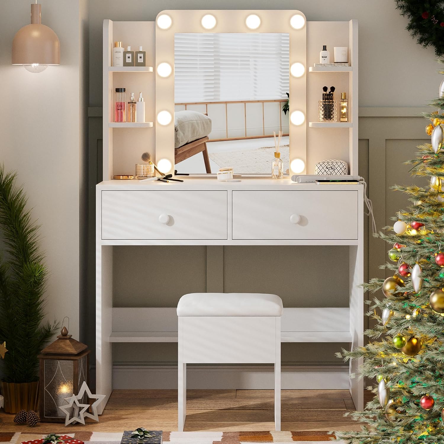 Haewon White Vanity Desk with Mirror and Lights, Makeup Vanity with 10 LED Bulbs and 3 Color Modes, Dressing Table Set with Power Outlets, Storage Drawers and Chair for Bedroom