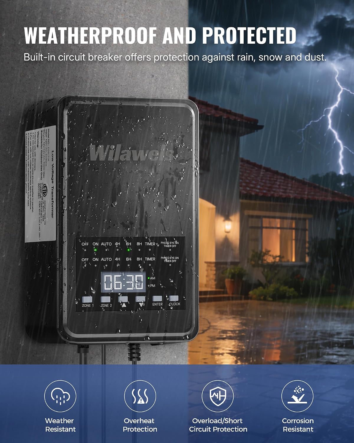 600W Low Voltage Landscape Transformer, 2 Zone Independent Control 120VAC to 12/14V AC Low Voltage Transformer, Landscape Lighting Transformer with Timer & Photocell Sensor ETL Listed D20LT06