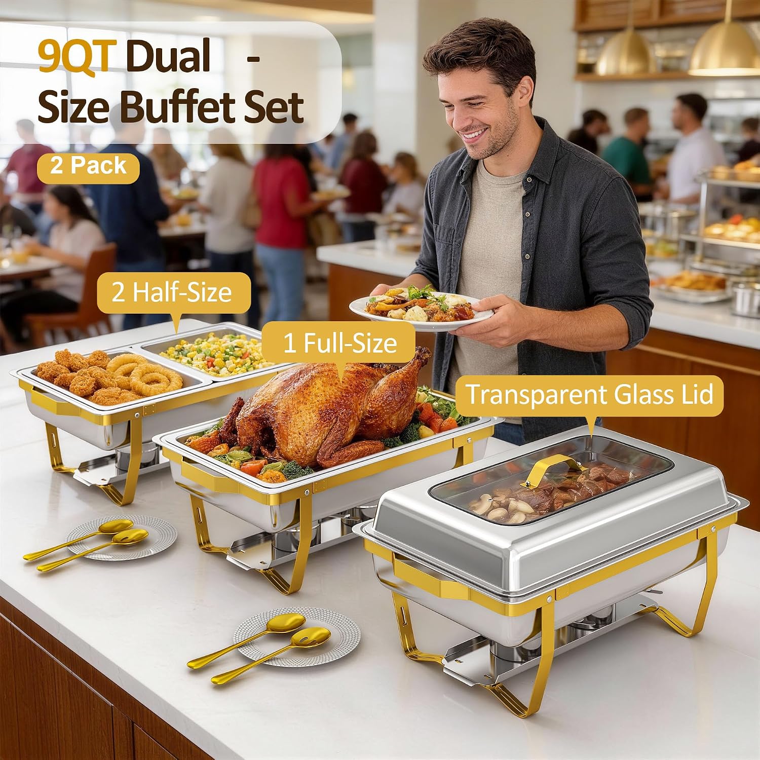 Chafing Dishes for Buffet, 2-Pack Hot Cold Food Warmer with Glass Lid, 9QT Large Capacity Stainless Steel Buffet Servers, Complete Set with Utensils for Catering Party Wedding Outdoor