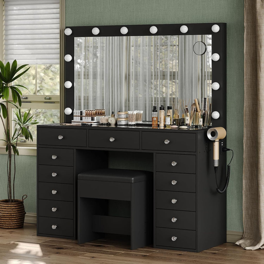 FUSOU 13 Drawers Vanity Desk, 47''W Makeup Vanity with Power Outlet, Vanity Table with Mirror and 12 LED Bulbs, 3 Color Lighting Modes, Glass Top, Dressing Table for Bedroom (Black)